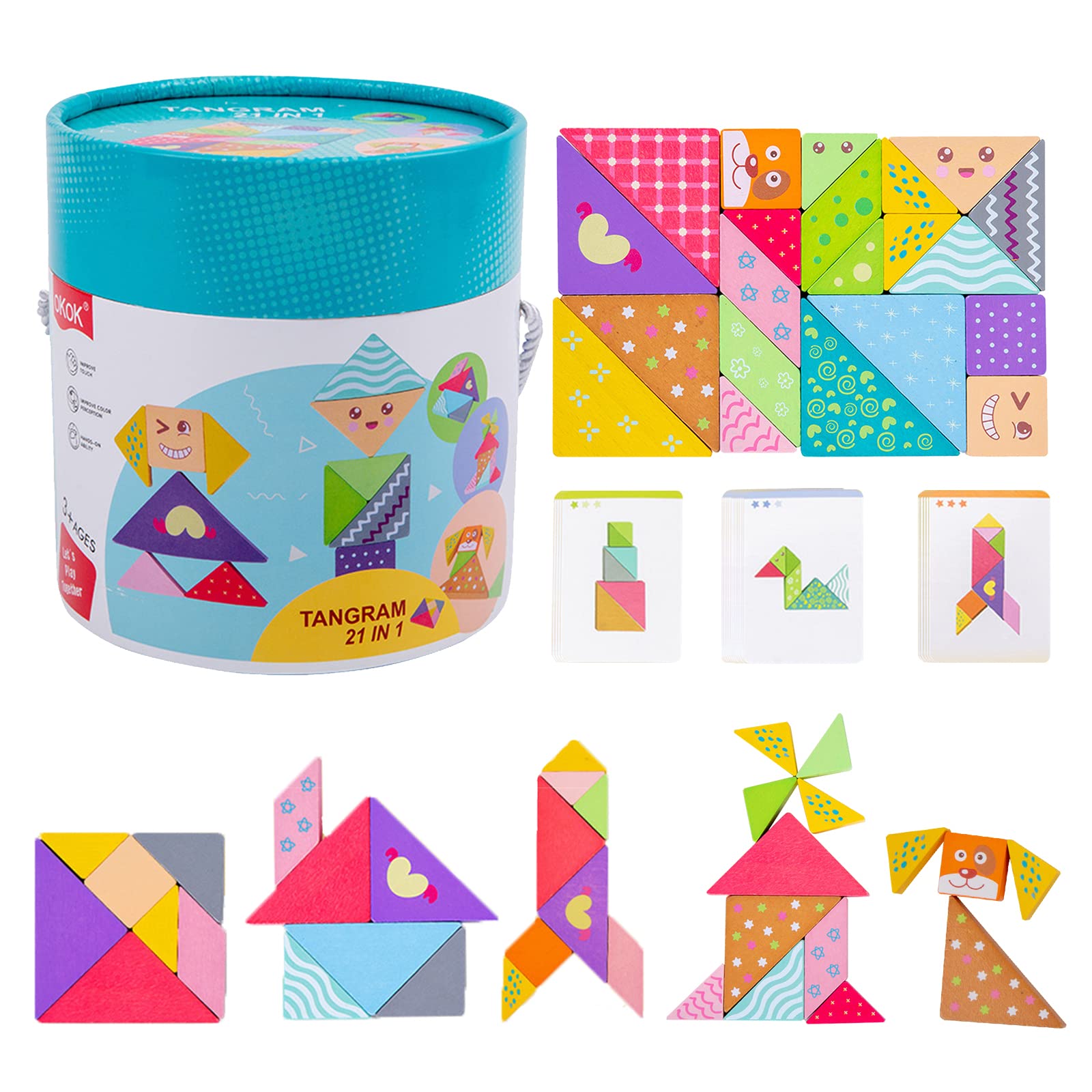 21pcs Wooden Pattern Blocks for Kids Large Size Set of 3 Wooden Tangrams Puzzles Geometric Shapes Blocks with 20pcs Cards Montessori Learning Educational Toys Brain Teasers for Boys Girls