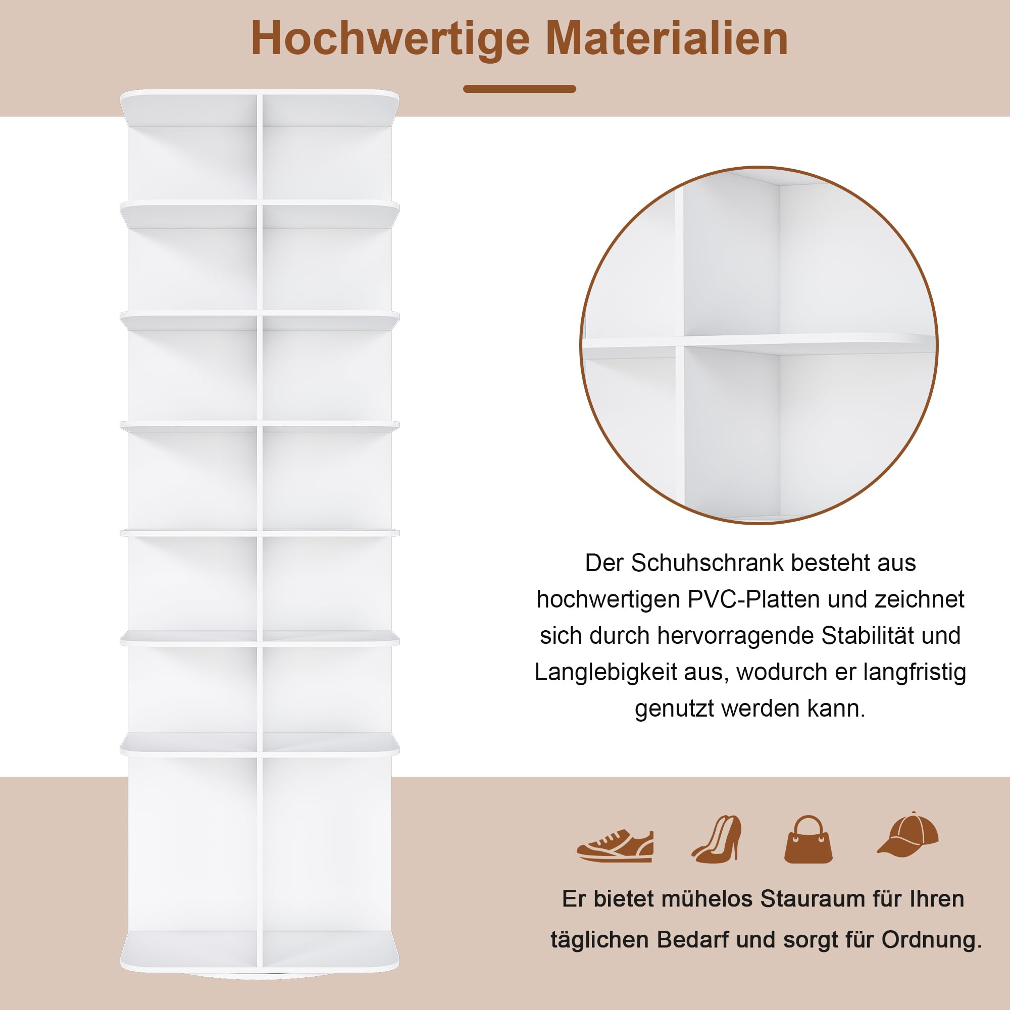 Taikonaut Schuhregal drehbar, Schuhständer, Ebenen Schuhorganizer aus PVC, 360 Grad Schuhregal-Turm, freistehend, weiß, für 28 Paar Schuhe, 60 60 184 cm