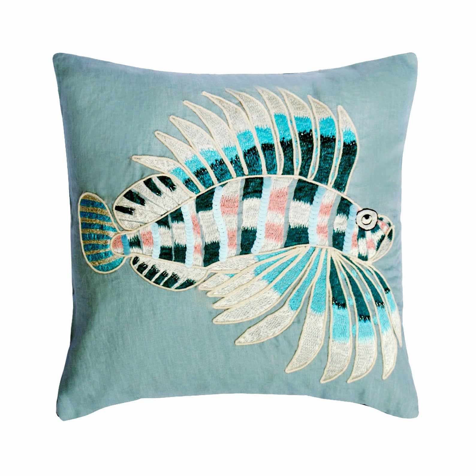 The HomeCentric Decorative Dull Blue 24"x24" (Pack of 2, 60x60 cm (24"x24") Throw Cushion Cover For Sofa, Linen Fish, Embroidered Cushioncase With Zipper, Sea Creatures Beach Style Style - Dream Fish โ image 1