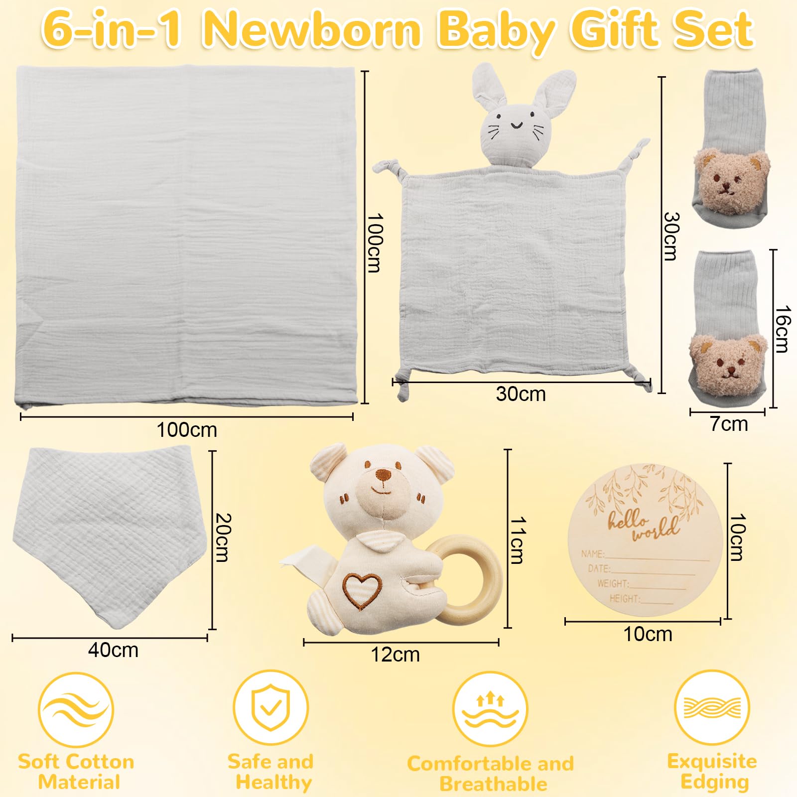 DRAKEWOOD Gris 6 en 1 Canastilla Bebe Recien Nacido Unisex con Toalla Baño Babero Triangular Calcetines Sonajero Tarjetas de Hitos y Mantita de Apego Gato - Set de Regalo Nacimiento para Niña Niño — view 2