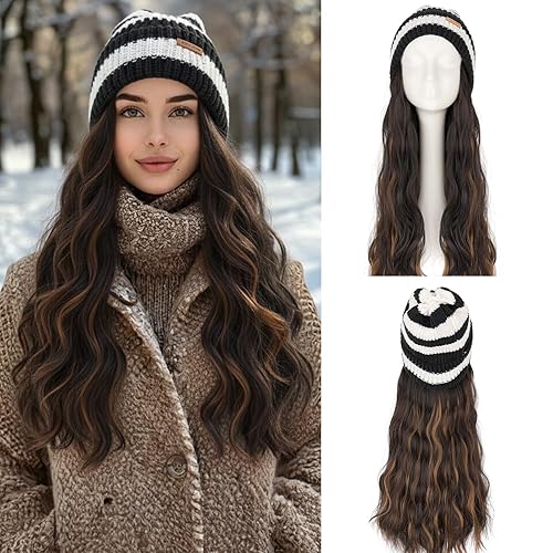 S-noilite Beanie Wig Hair Extensions,Medium Brown to Dark Blonde Long