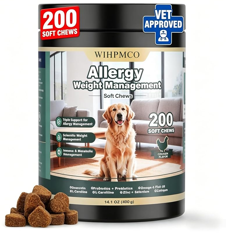 Suplemento mastigável para cães com probióticos e óleo de peixe WIHPMCO, sabor frango, 200 unidades