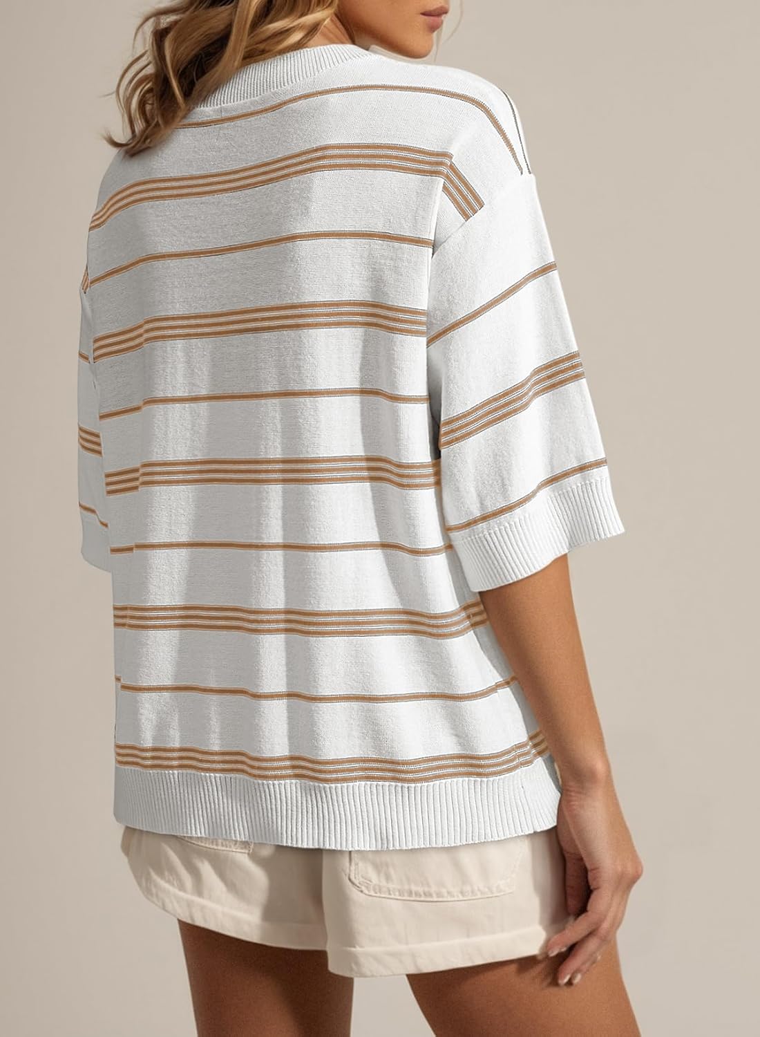 Dokotoo Womens Sweaters Spring Summer Oversized 3/4 Sleeve Striped Crewneck Casual Lightweight Knit Pullover Sweater Tops - Image 2