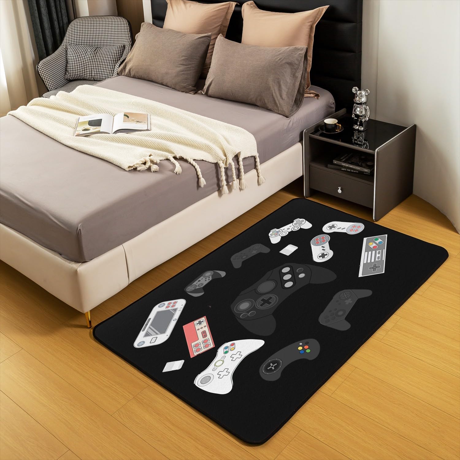Loussiesd Dywan do gier, gamepad dekoracyjny dywan dla gracza, dekoracja pokoju gier, nowoczesny kontroler konsoli do gier, czarna, mata podłogowa, 100 x 150 cm