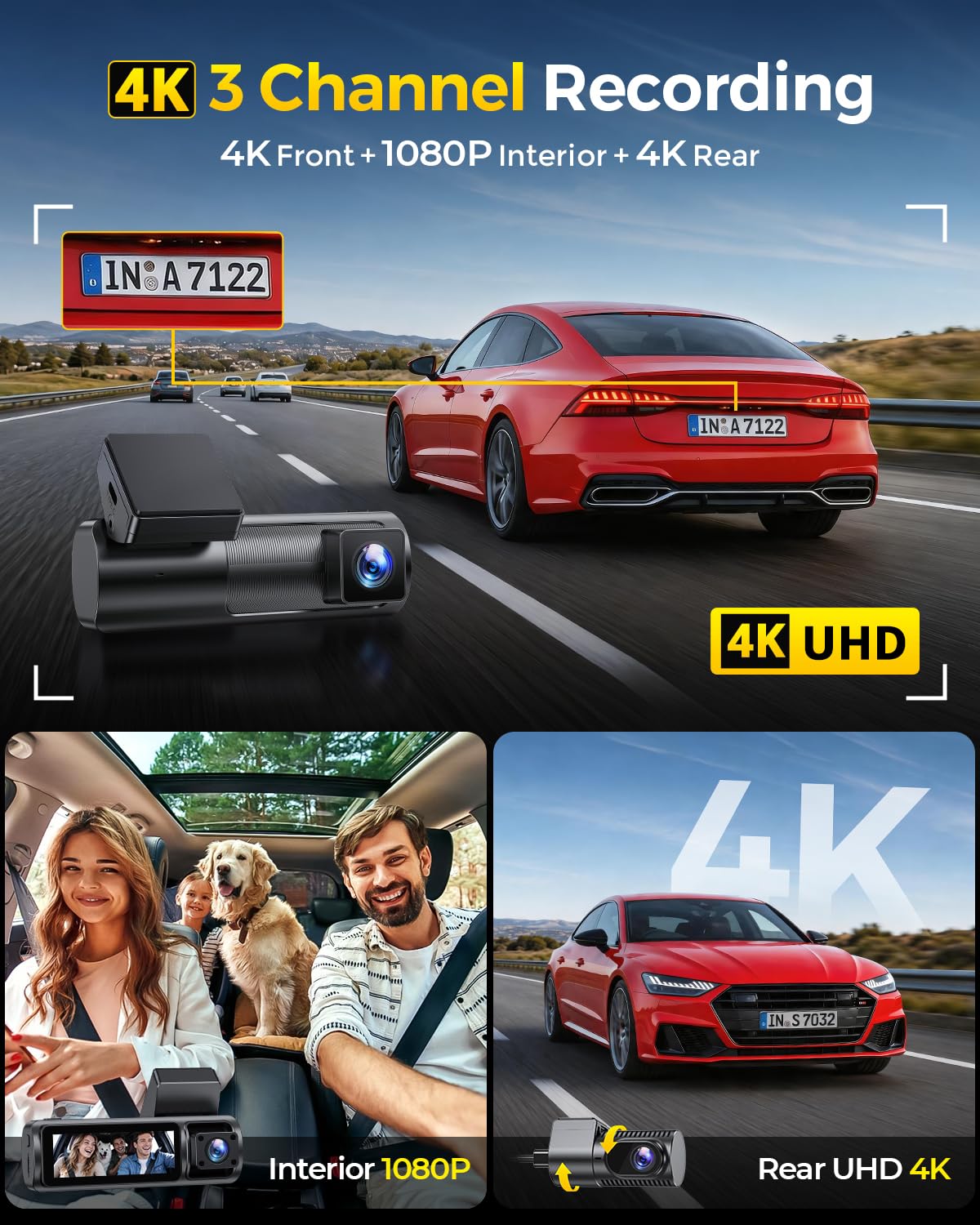 GKU Caméra de tableau de bord 3 canaux 4K + 1080p + 4K 5,8 G WiFi pour