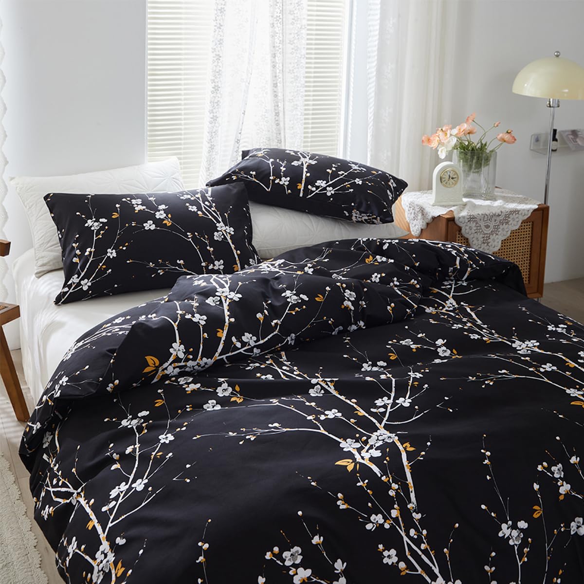 STYHO Black Duvet Cover Set Single Reversible Plum Blossom Floral Bedding Set including Pillowcase Soft Microfiber Botanical Flowers Duvet Set for All Seasons with Zipper Closure(Black - Image 3