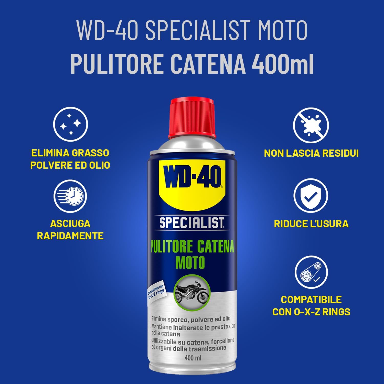 WD-40 Specialist Kit Manutenzione Moto Professionale 5 Prodotti con Detergente 500 ml, Pulitore Freni 500 ml e Catena 400 ml, Grasso Catena 400 ml, Lucidante silicone 400 ml, Spazzola Panno Microfibra