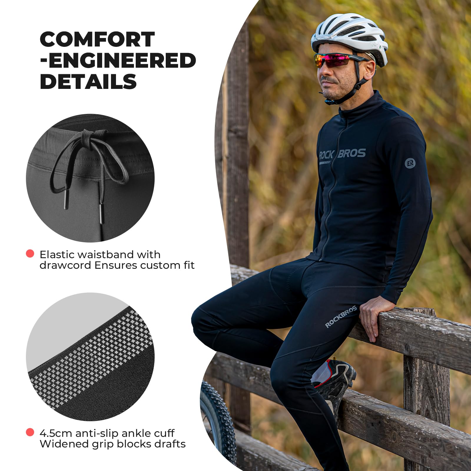 ROCKBROS Winter Radlerhose Fahrradhose Lang Herren Gepolstert, Thermo Kompression Radhose mit Sitzpolster, Winddicht und Atmungsaktiv Leggings Mit Reflektoren