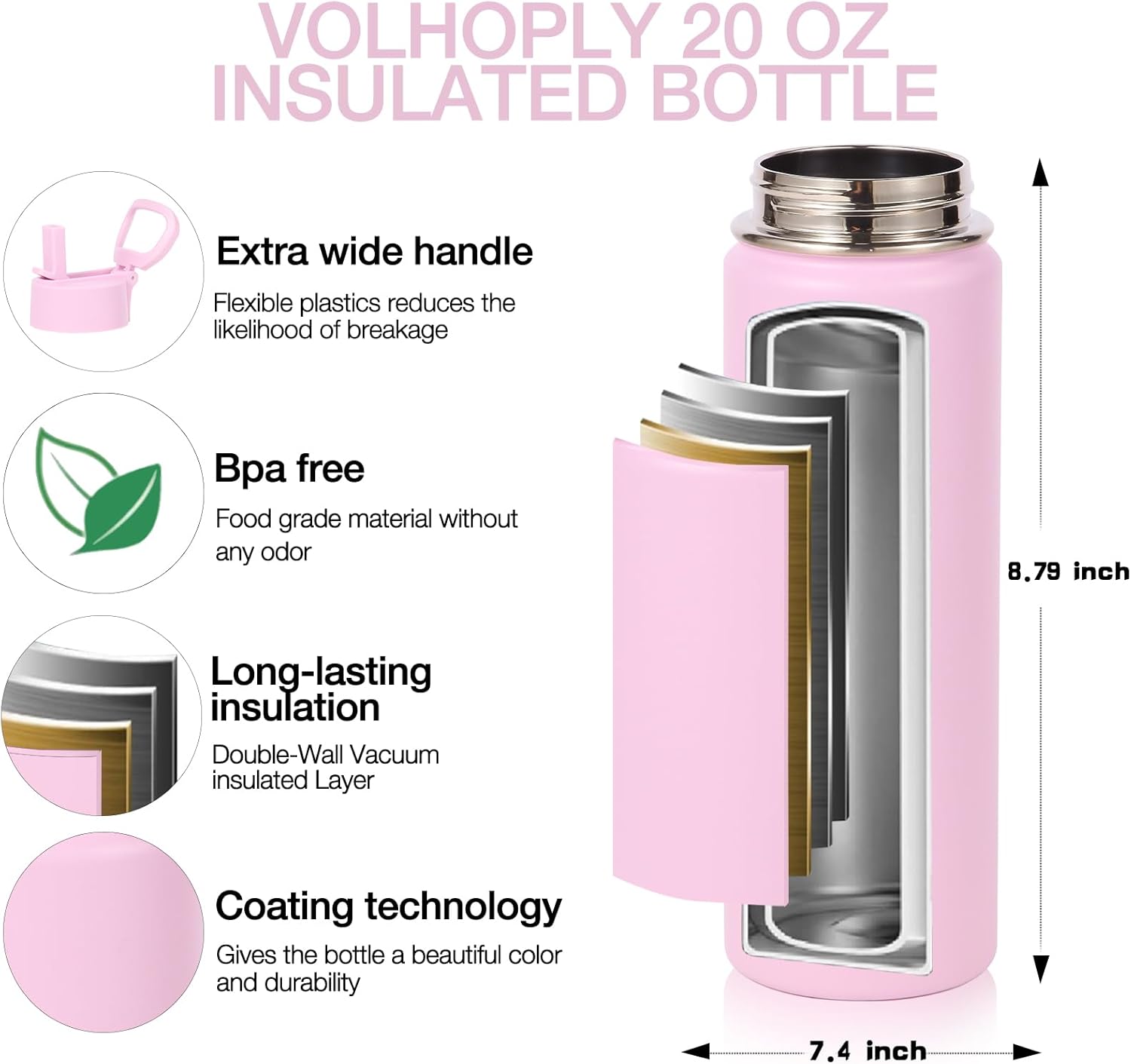 Volhoply 20oz Insulated Stainless Steel Water Bottle with Straw Lid, Kids Wide Mouth Double Wall Vacuum Cups with Handle,Reusable Outdoor Sports Metal Bottles,Travel Flask Keep Cold&Hot(Purple,1) - Image 4