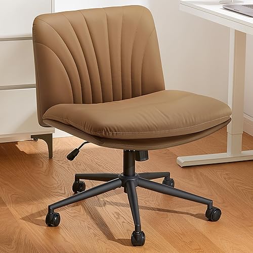 Marsail Silla de escritorio de oficina sin brazos con ruedas silla ancha de piel sintética con patas cruzadas, cómodas sillas giratorias ajustables
