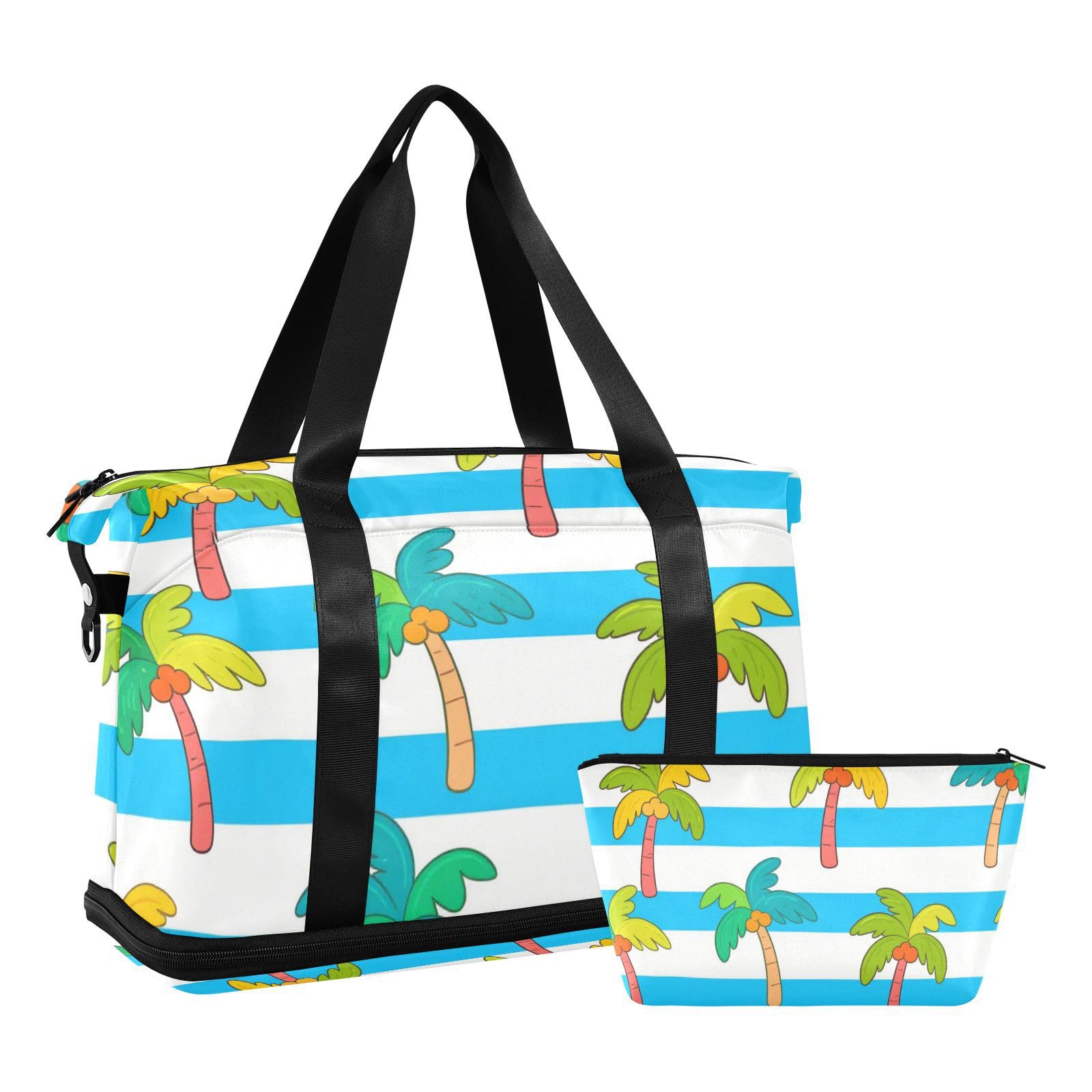 Borsa da palestra con palmo di cocco a righe blu e bianche con tasca bagnata e tracolla regolabile, set da 2 pezzi, per uomini e donne