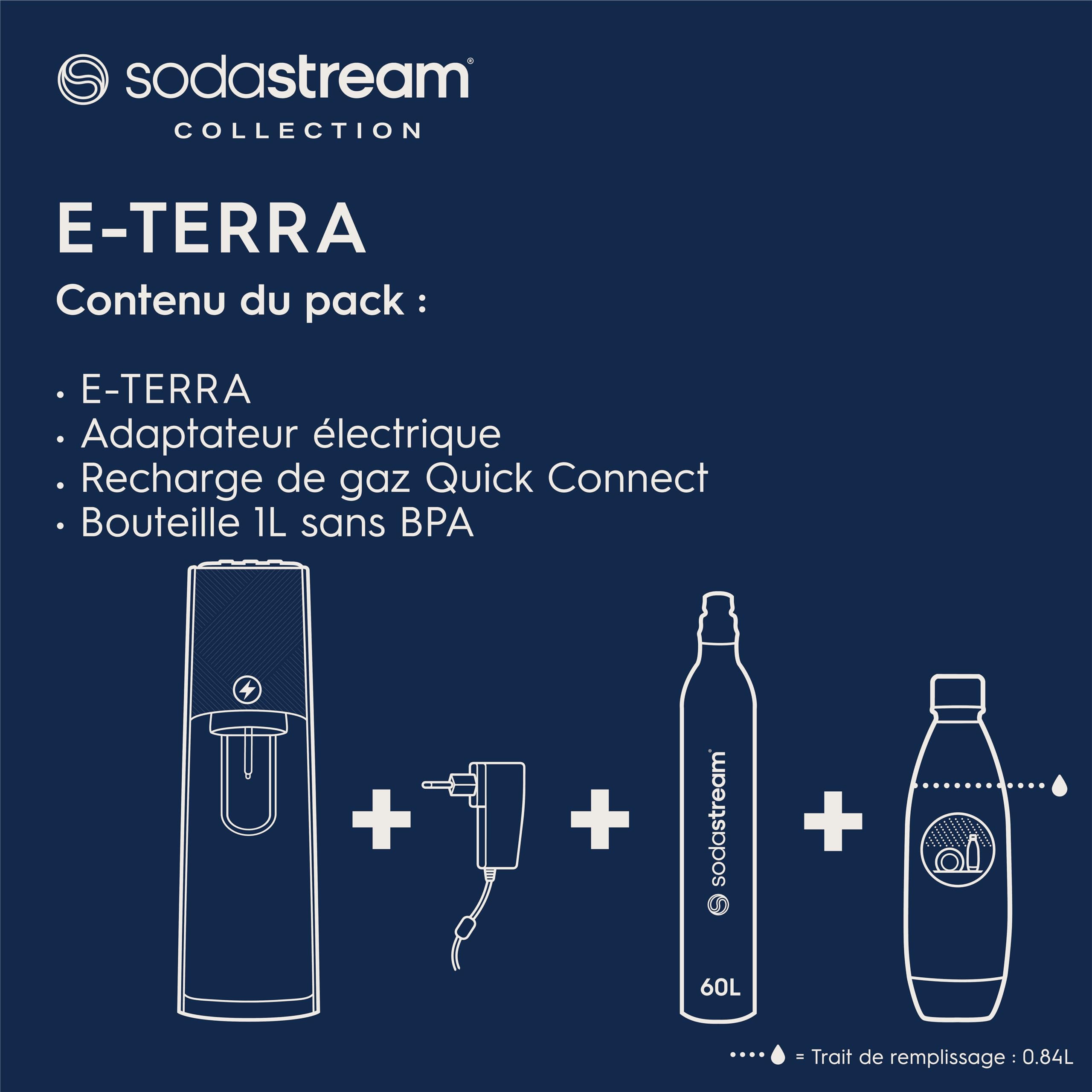 SodaStream E-Terra, Gasatore d'acqua Frizzante Elettrico,1 Bottiglia Pet, Incluso Cilindro Contente Co2, 1 Litro e 1 Alimentatore