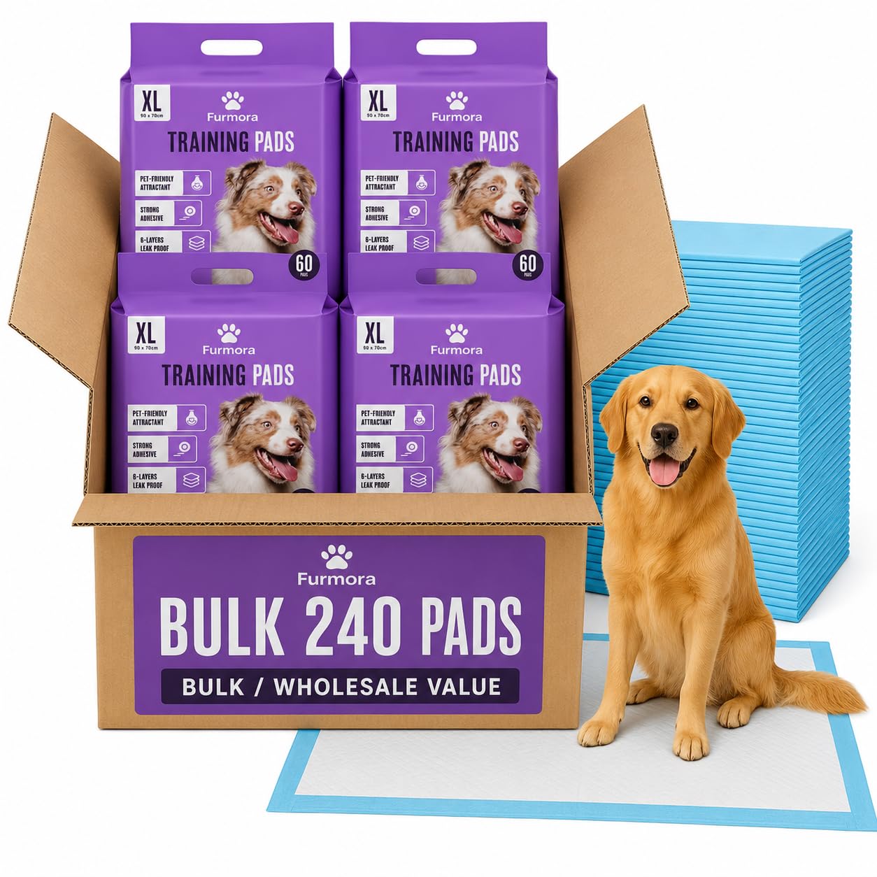 Extra Large Puppy Pads 90 x 70 cm, Pack of 240, Pee Pads for Dogs Potty Training with Leak-Proof Quick-Dry Design, 6-Layer Puppy Training Pads