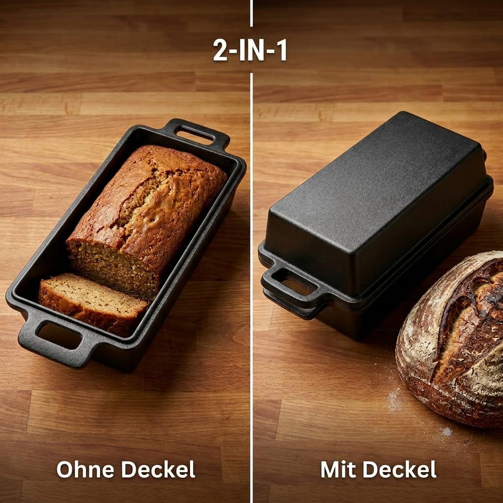 Brotbackform mit Deckel Gusseisen - Ideal als Kastenform, Toastbrot Backform, Brotform, Gusseisen Topf Brot backen Zubehör, Brottopf (25CM)