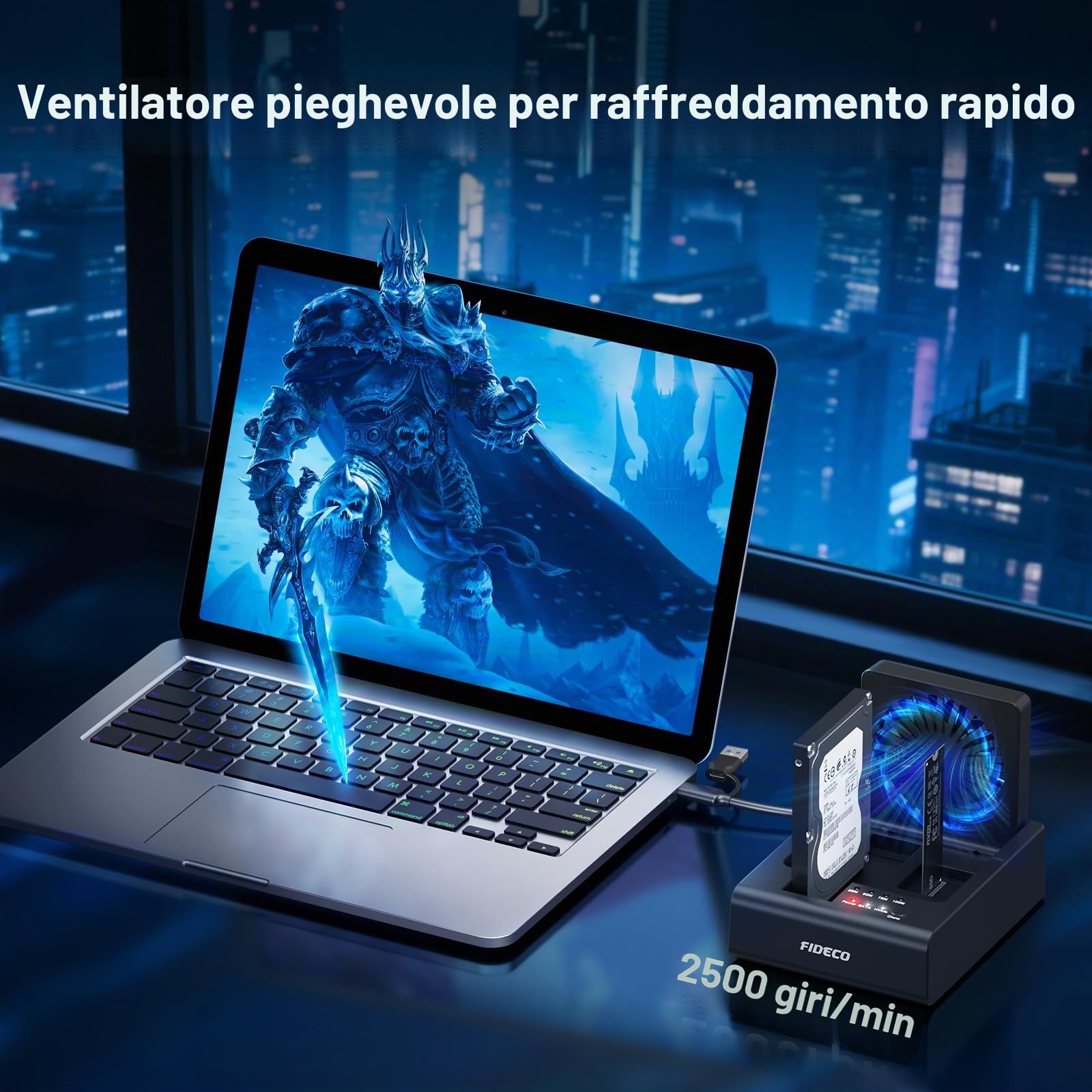FIDECO Docking station per dischi rigidi HDD, USB C 10 Gbps M.2 NVMe SSD/5 Gbps SATA HDD con clonazione bidirezionale offline, lettore di dischi rigidi SSD con ventola ribaltabile