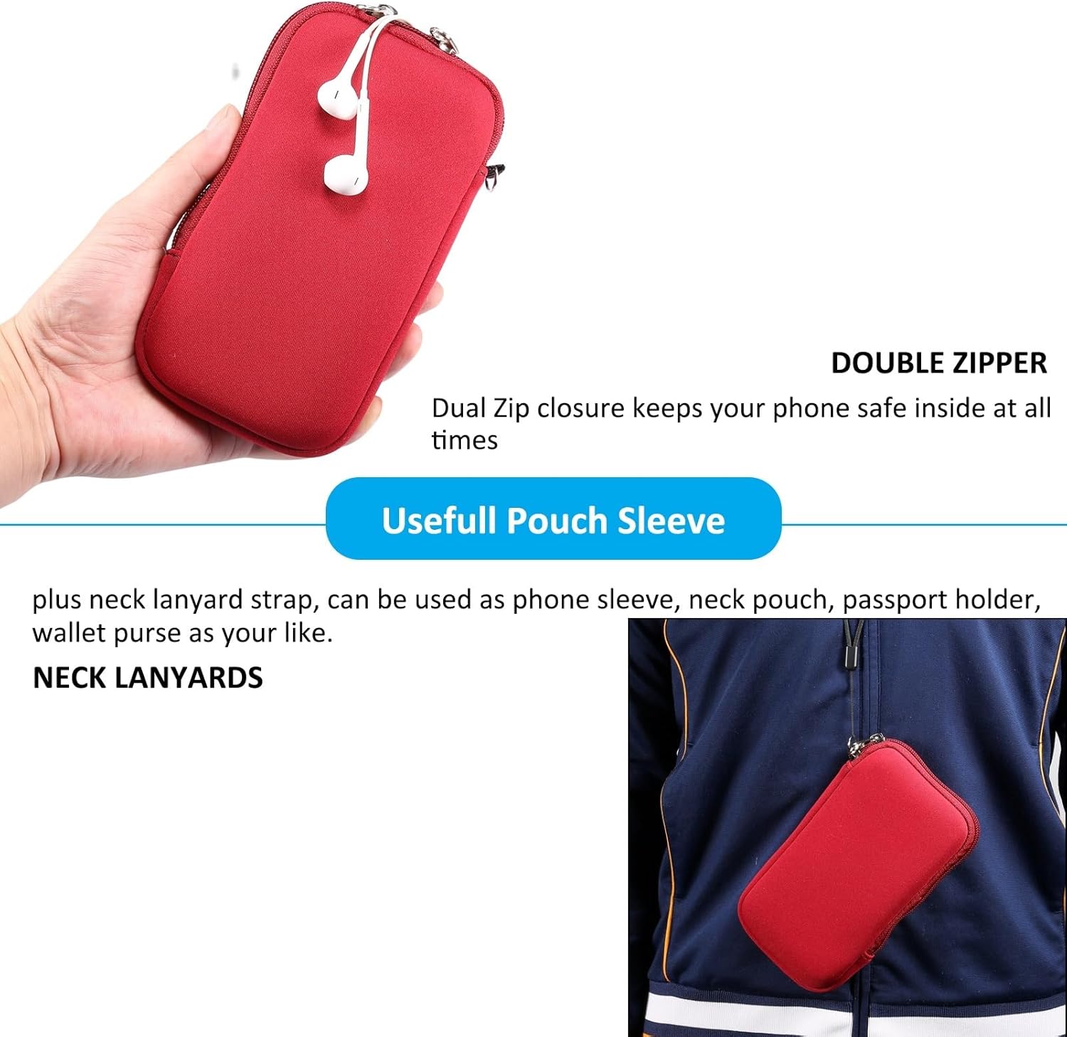 Compatible with iPhone 16 15 14 13 12 Pro Max,Compatible with Samsung S24 S23 S22 S21 Ultra W Neck Strap 6.9 inch Neoprene Phone Sleeve,Universal Pouch Pouch Sleeve Neck Bag with Zipper (Red)