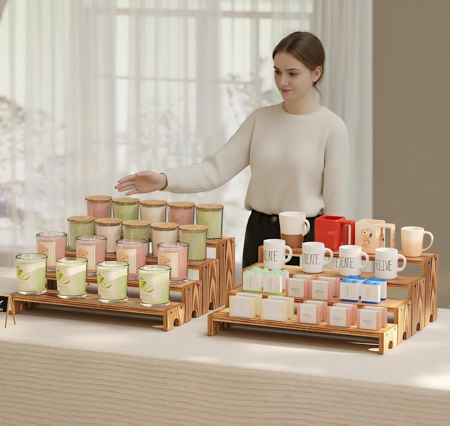 14 Inch Large Wooden Tiered Riser Display Stands, 2 Set Stackable Wooden Cupcake Stand Dessert Table Display Set,Tiered Shelf Organizer,Display Stands Shelf,Vendor Booth Display Items for Vendor Events - Image 4