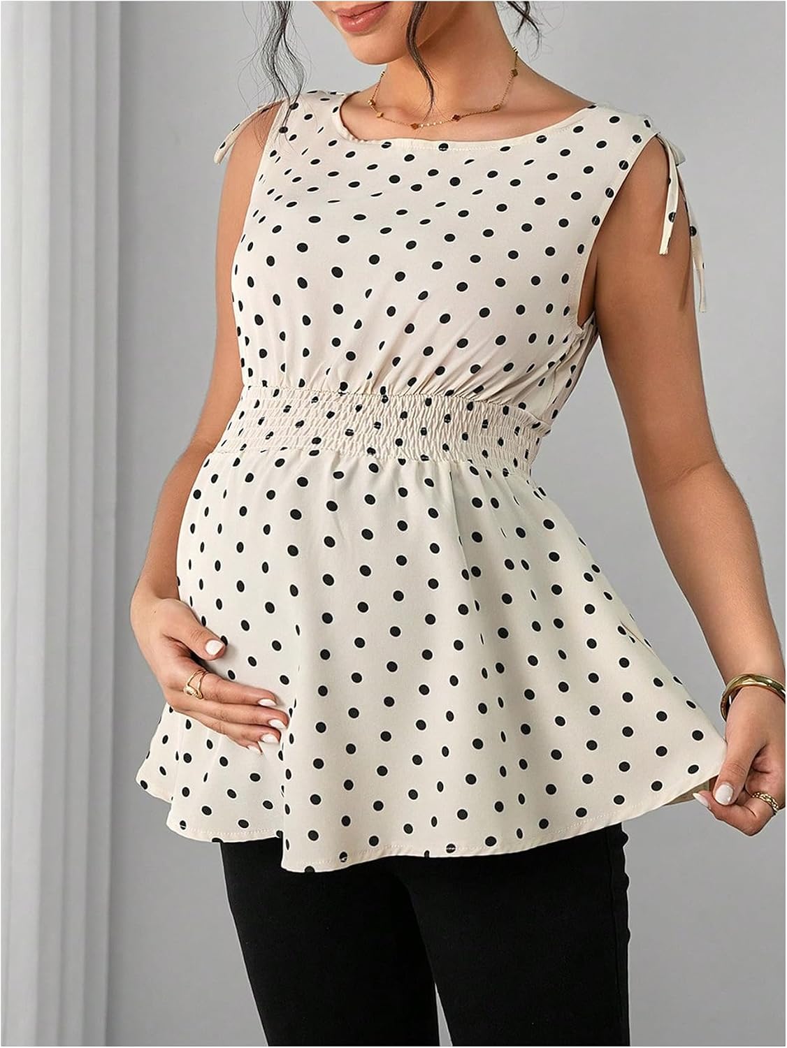 SweatyRocks Women's Maternity Tank Tops Polka Dots Babydoll Tops Bow Tie Shoulder Boat Neck Shirred Peplum Blouse