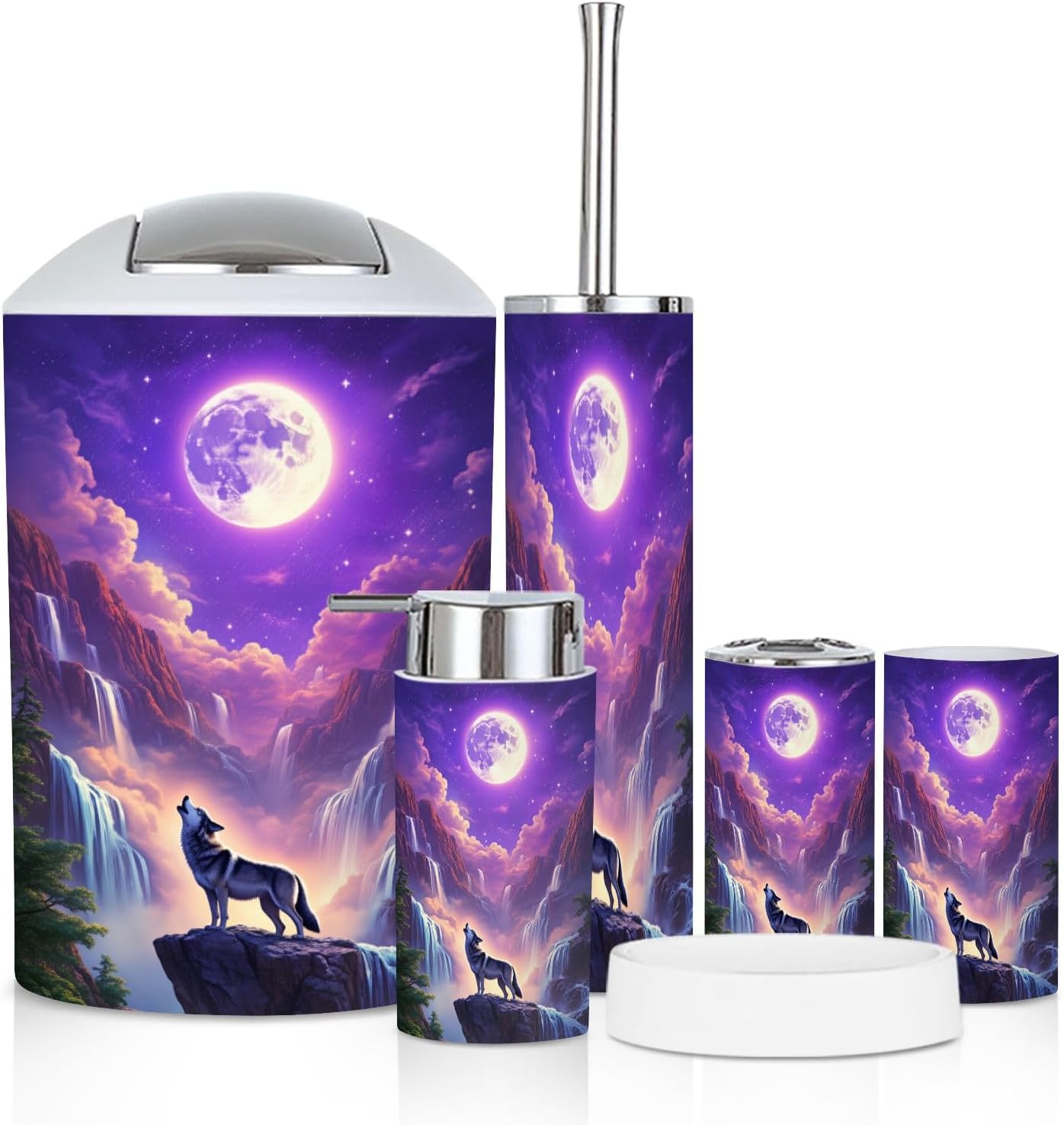 Bathroom Accessory Set 6 Piece Waterfall Wildlife Howling Purple Animals Wolves Wolf Full Moon Trash can, Toothbrush Holder, Soap Dispenser, Soap Dish, Toothbrush Cup, Toilet Brush Holder