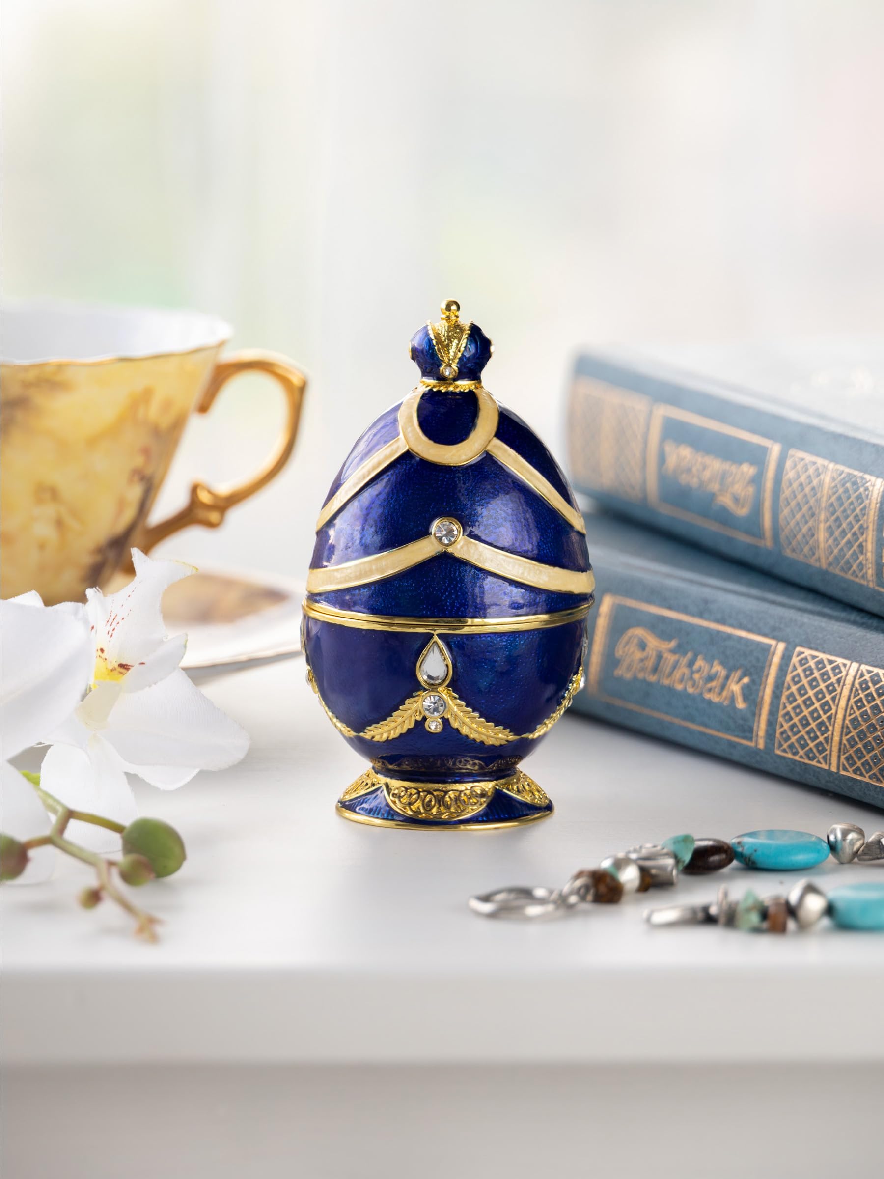 Keren Kopal Huevo de Fabergé azul con piano dorado, caja sorpresa hecha a mano, regalo para pianista
