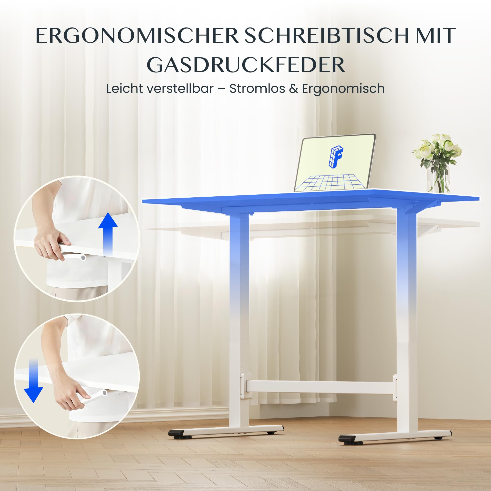 FLEXISPOT Höhenverstellbarer Schreibtisch Gasfeder mit Rollen | Einteilige wasserabweisende Tischplatte, ideal für Homeoffice, Büro, Balkon, Terrasse, Outdoor und Wohnzimmer