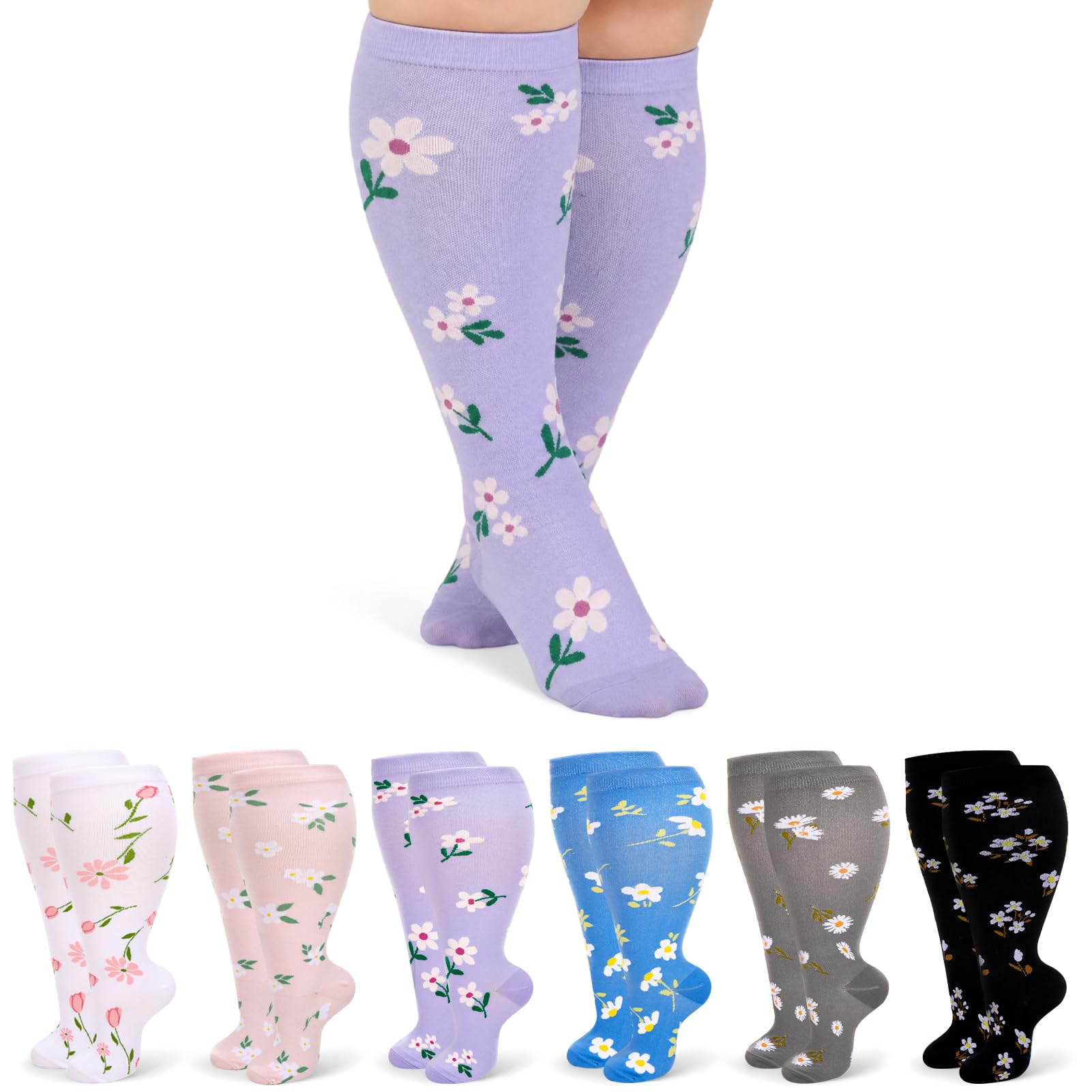Jspupifip 6 Pairs Plus Size Compression Socks for Women, Wide Calf