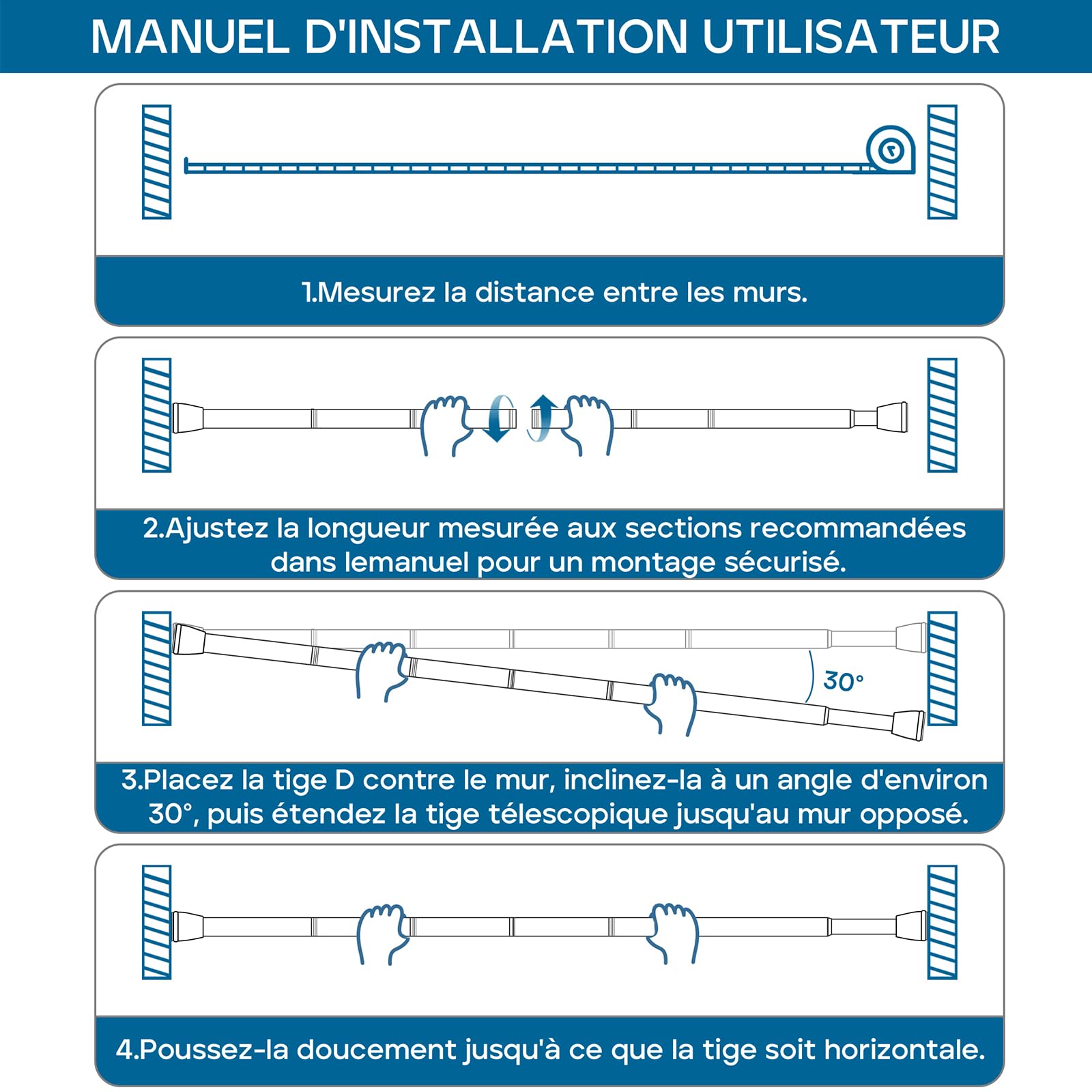 AIZESI tringle rideau sans percage 74.5-163 cm Tringle Rideau Extensible - Barre Telescopique Acier Inoxydable Noir pour Salle de Bain, Fenêtre, Porte, Penderie (diamètre 22 mm)