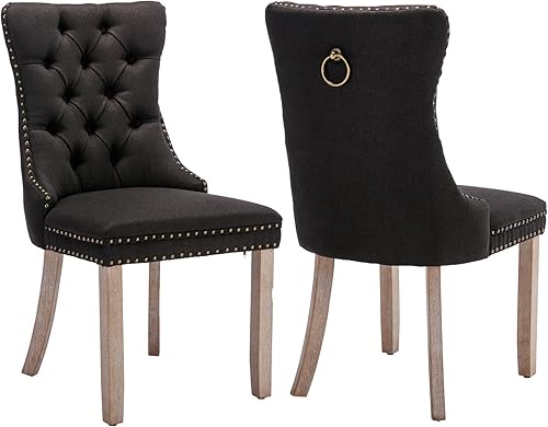 Juego de 2 sillas de comedor negras tapizadas de tela de lino con borde trasero de tracción y patas de madera maciza, silla de cocina copetuda de