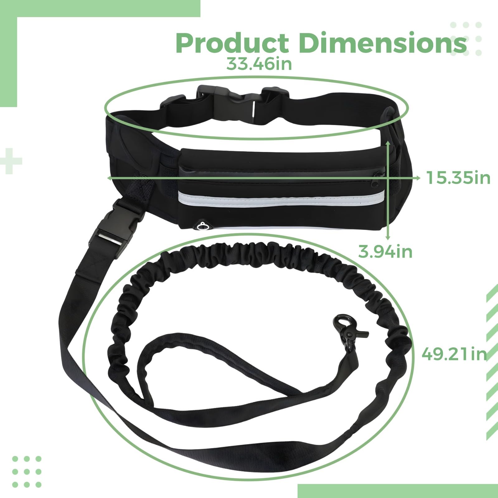 Lot de 2 laisses pour Chien Mains Libres, Laisse Bungee réfléchissante avec Ceinture Ventrale réglable, modèle Double Couleur avec Pochette zippée, 49,2 in / 125 cm, Noir et Jaune Fluorescent