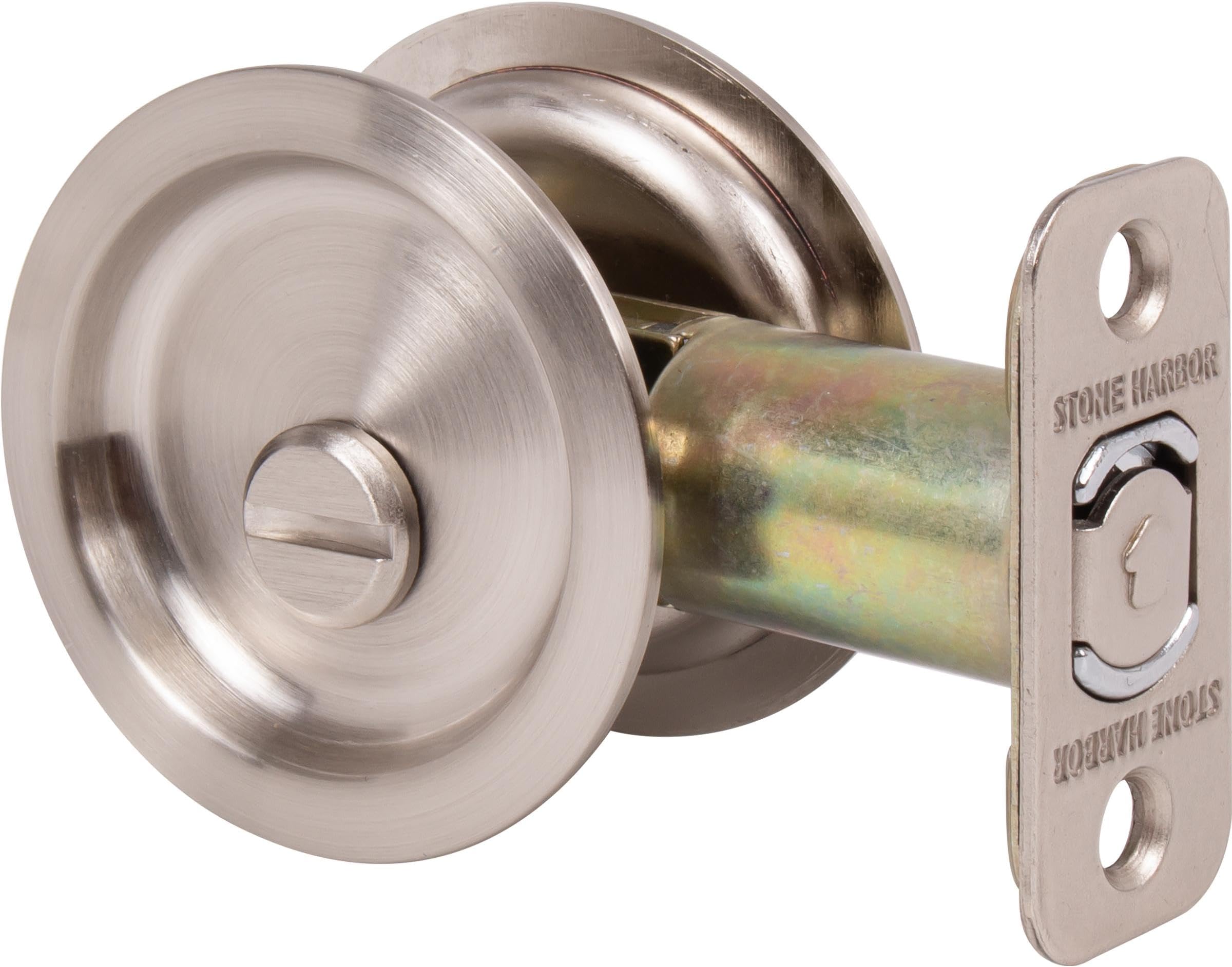 Round Pocket Door Lock, Privacy (Bed/Bath) Latch, 2-3/8" Backset, RCL, Satin Nickel by Stone Harbor Hardware