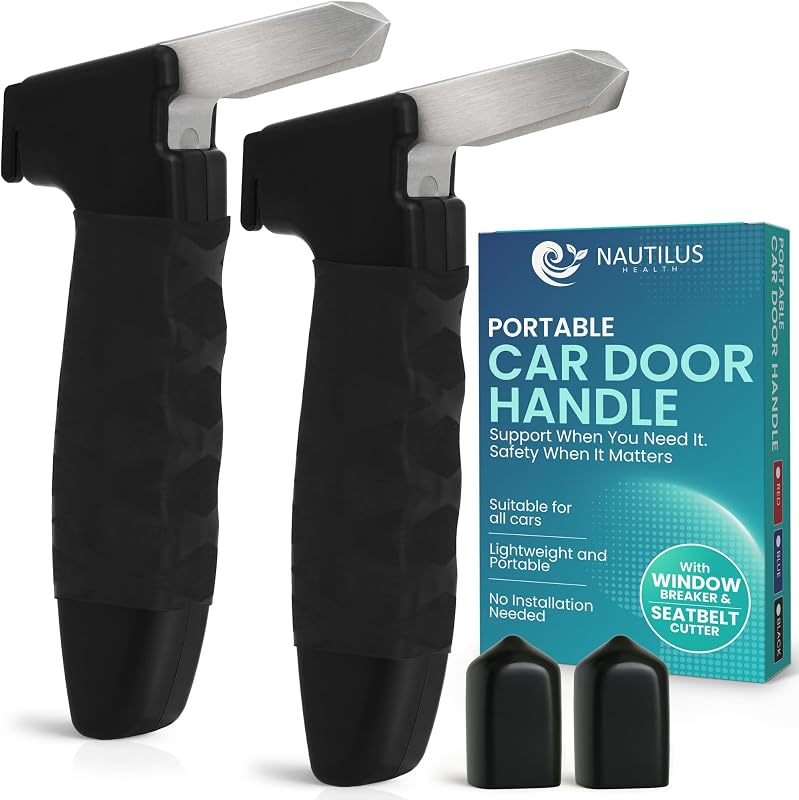 Alça de apoio para saída do carro Nautilus Health com cortador de cinto e quebra-vidro – Kit com 2 unidades pretas
