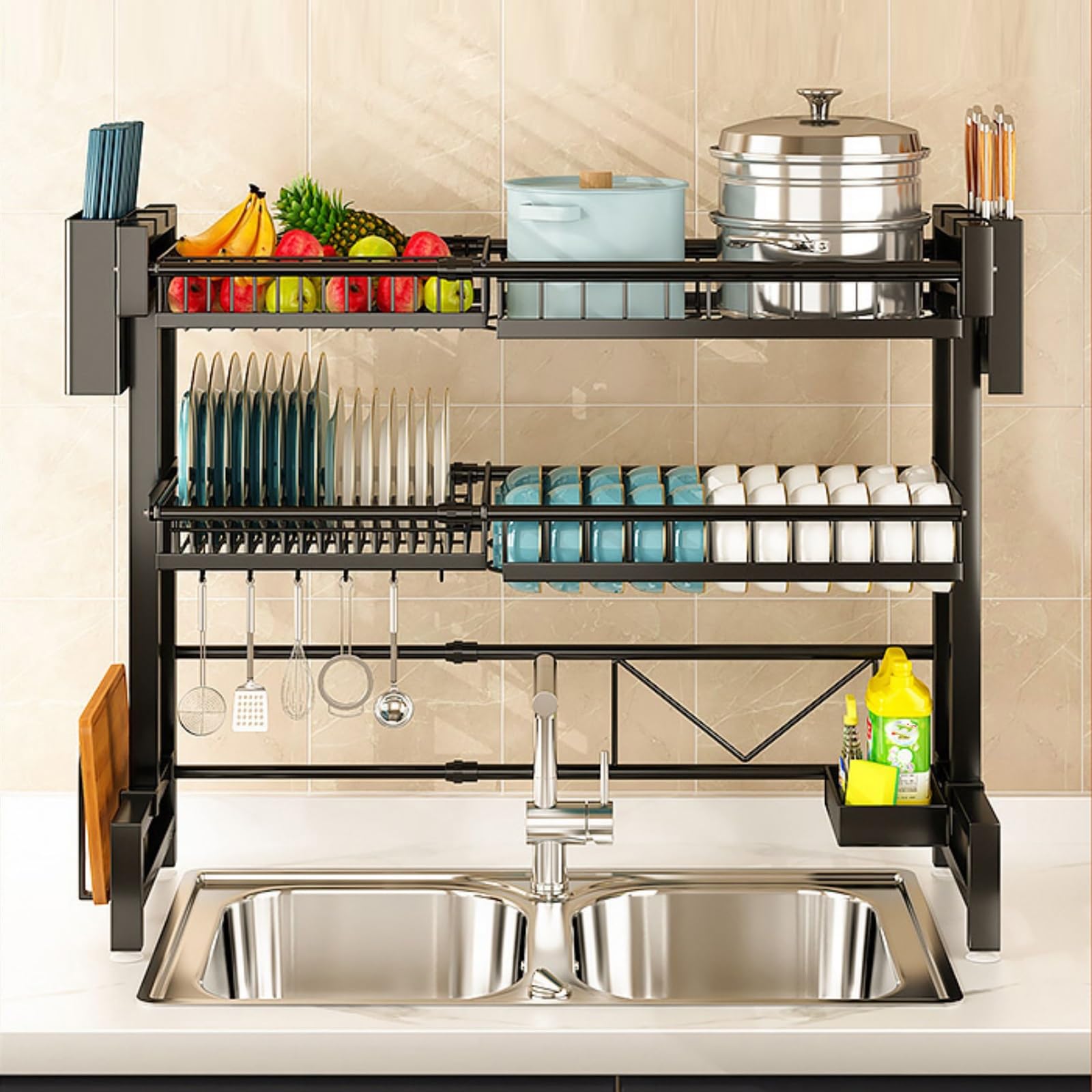 Escurridor de Platos Extensible y Multifuncional para el Fregadero, Organizador de encimera y Rejilla para Platos, Que Ahorra Espacio en cocinas pequeñas.