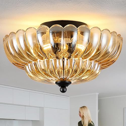 Miniatura 9 de Lámpara de techo semiempotrada de 3 luces, cristal vintage con marco de metal negro, iluminación moderna cerca del techo para dormitorio, cocina,