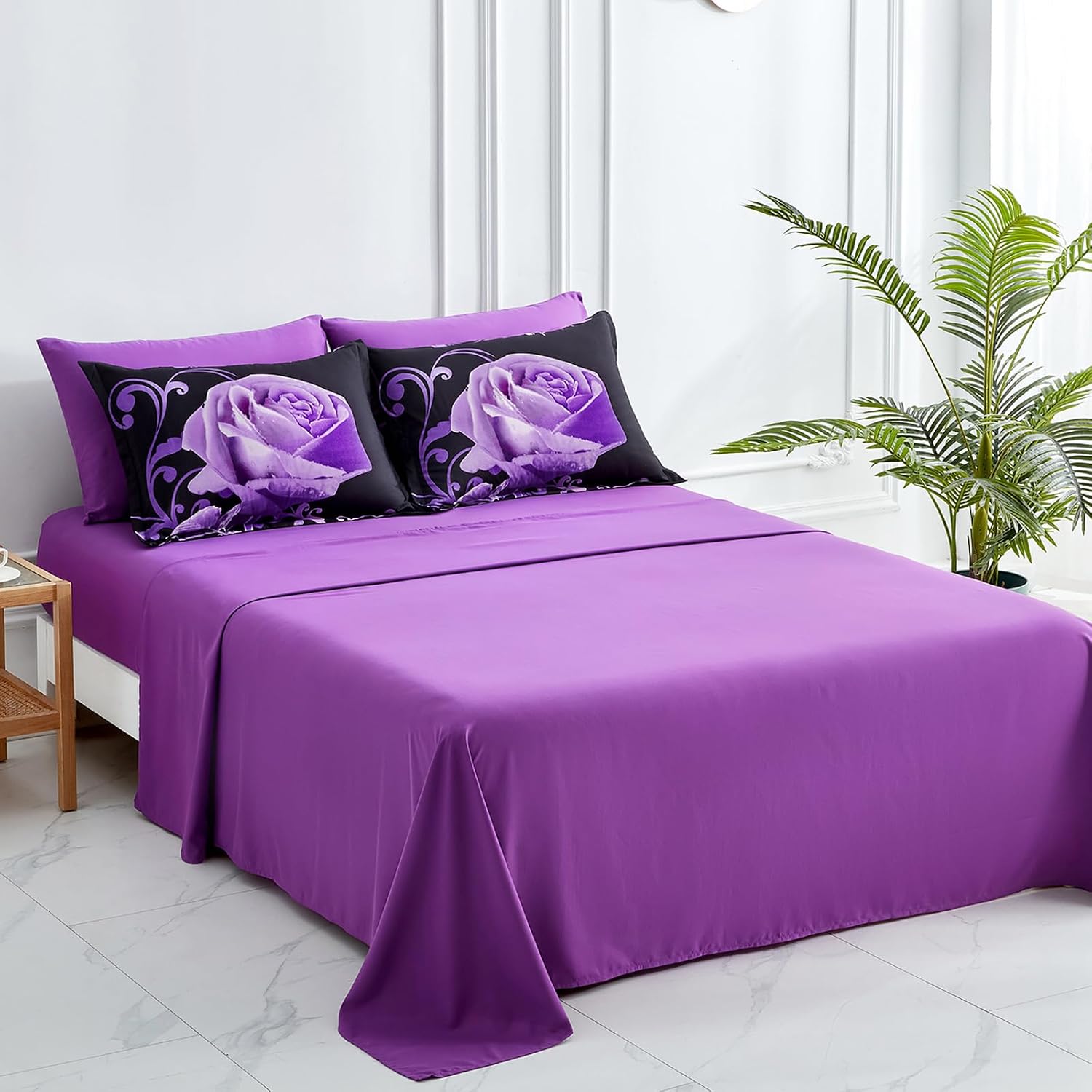 WONGS BEDDING Purple Comforter Set King, Reversible Purple Rose 7 Pieces Bed in a Bag, Lightweight Soft Microfiber Bedding Sets with Flat Sheet, Fitted Sheet, Pillowcases & Shams