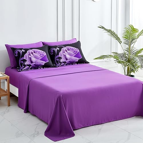 Miniatura 5 de WONGS BEDDING Juego de edredón de 7 piezas reversible de color morado en una bolsa, juego de ropa de cama de microfibra suave y ligera con sábana