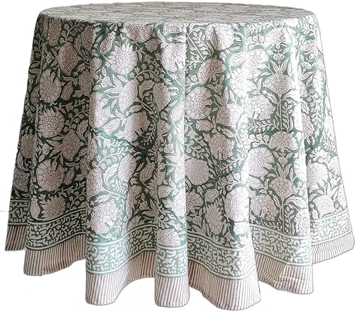 ATOSII Mantel redondo bohemio 100% algodón jade, mantel floral con estampado de bloques para comedor, fiestas, bodas, exteriores I decoración de