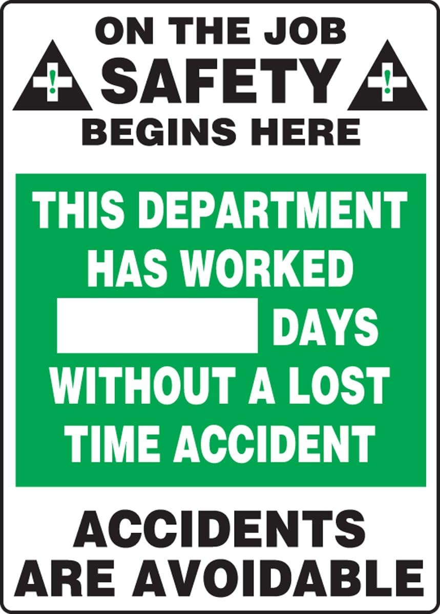 AccuformNMC Write-A-Day Dry Erase Safety Scoreboard Sign, “On the Job Safety - This Department Has Worked # Days Without a Lost Time Accident”, 28” x 20” Plastic Wall-Mount, Made in USA, MSR241PL