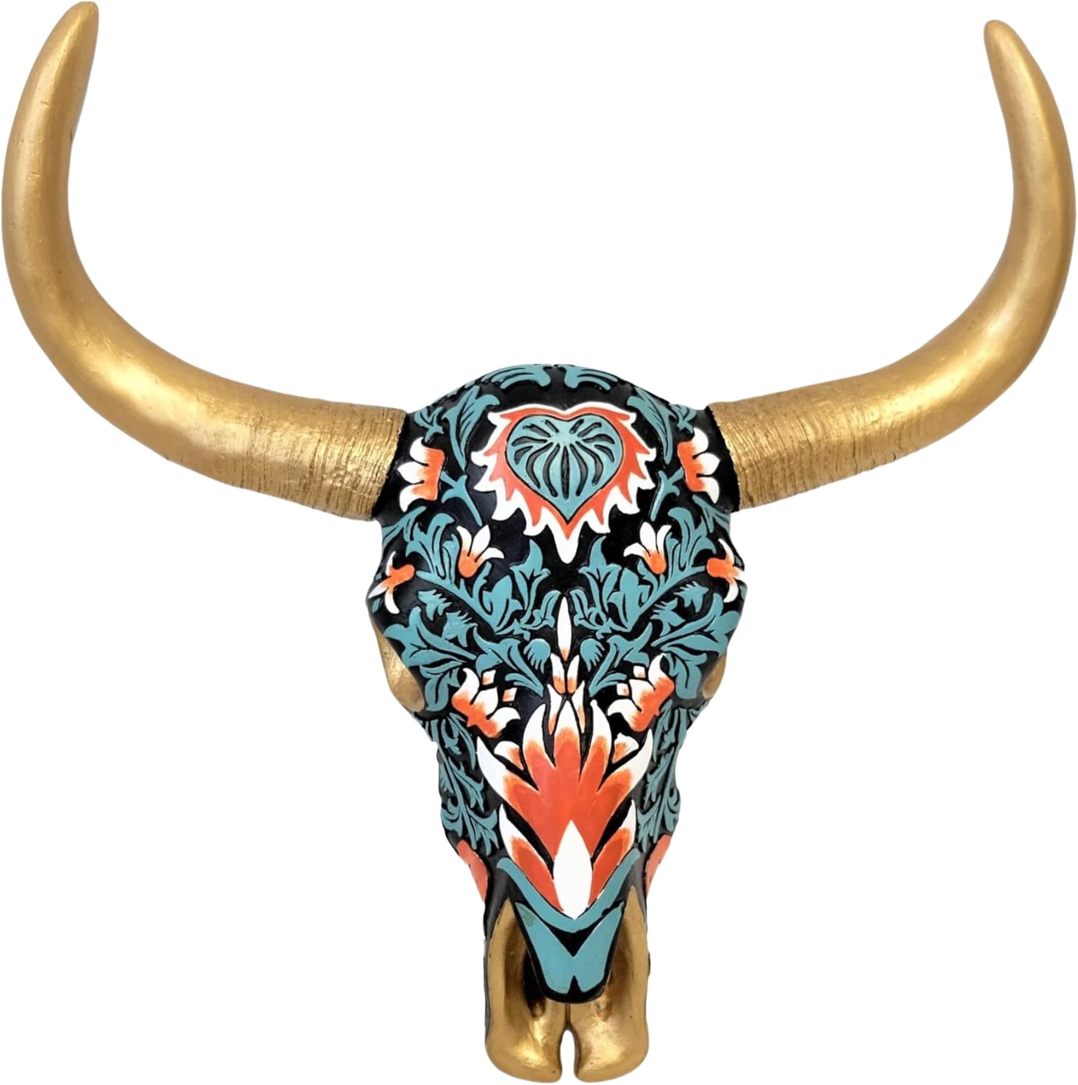 BestGiftEver Floral Paint Colorful Tribal Bull Steer Cow Skull Wall Hanging Art Decoration with Gold Tone Painted Horn