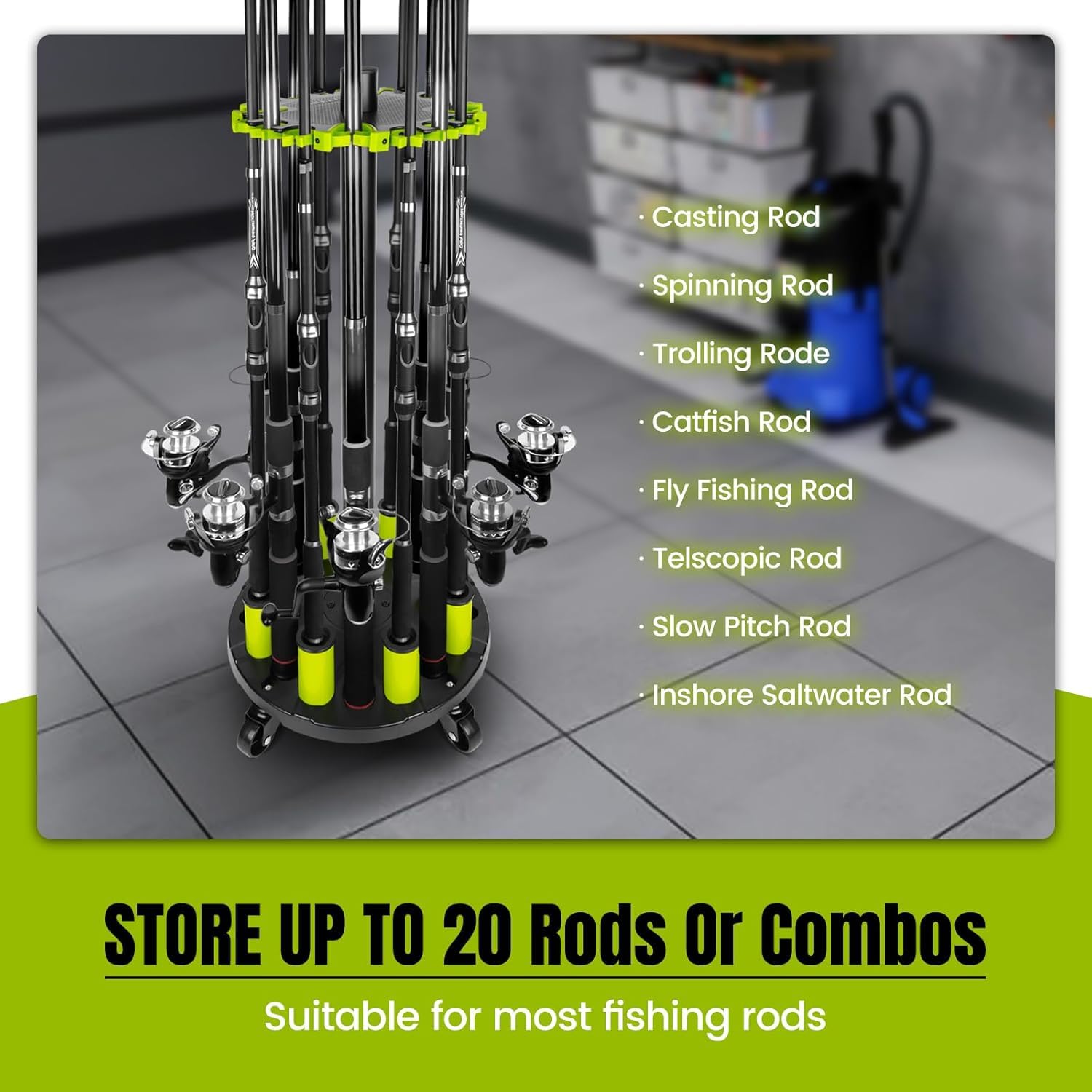 BOOSTEADY Supporto per Canna da Pesca per Garage, Portacanna da Pavimento per 20 Canne con Ruote Girevoli a 360°, Organizzatore di Attrezzatura da Pesca in Plastica ABS