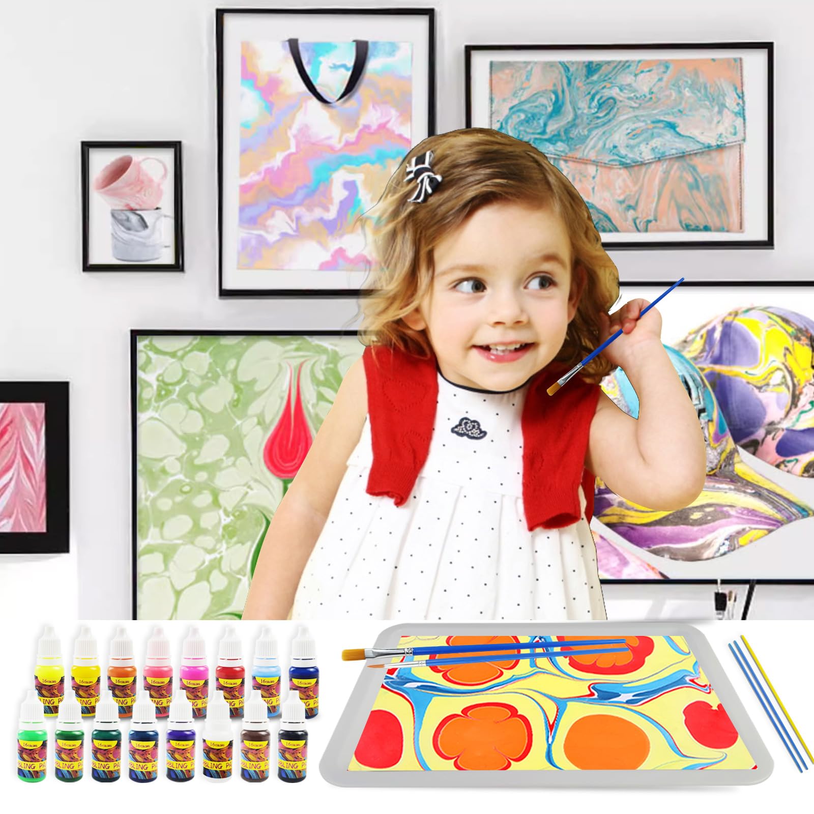 Kit Peinture Marbrée Sur Eau Shrubz – 16 Couleurs, 26 Papiers, Accessoires Complets Pour Enfants Et Adultes – Art Créatif Non Toxique, Cadeau DIY