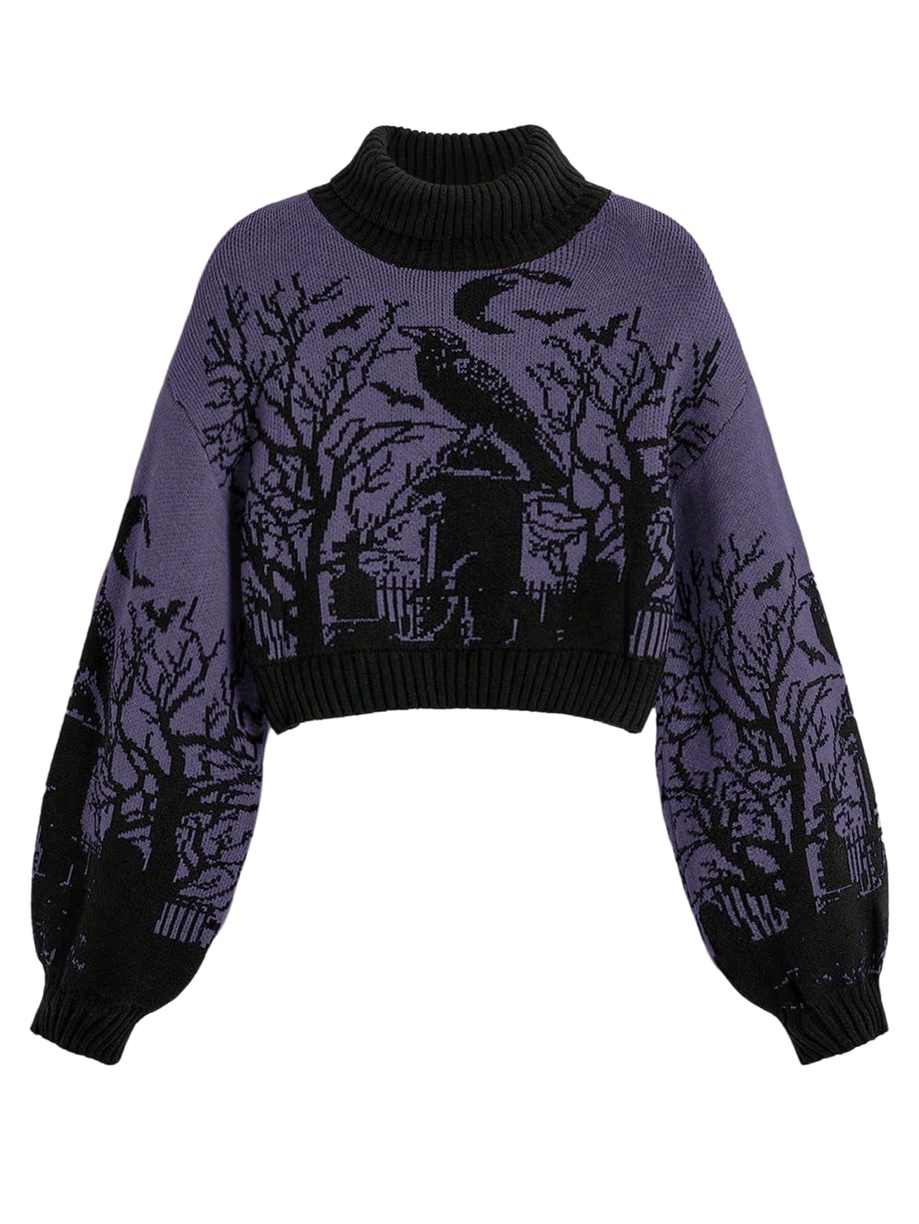 Verdusa Womens Vintage Graphic Print Pullover Sweaters High Neck Colorblock Crop Tops