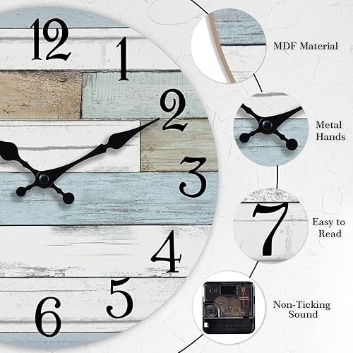 Miniatura 5 de Reloj de pared con pilas, 14 pulgadas, grande, silencioso, sin tictac, diseño costero, rústico, retro, decorativo, para baño, cocina, sala de estar,