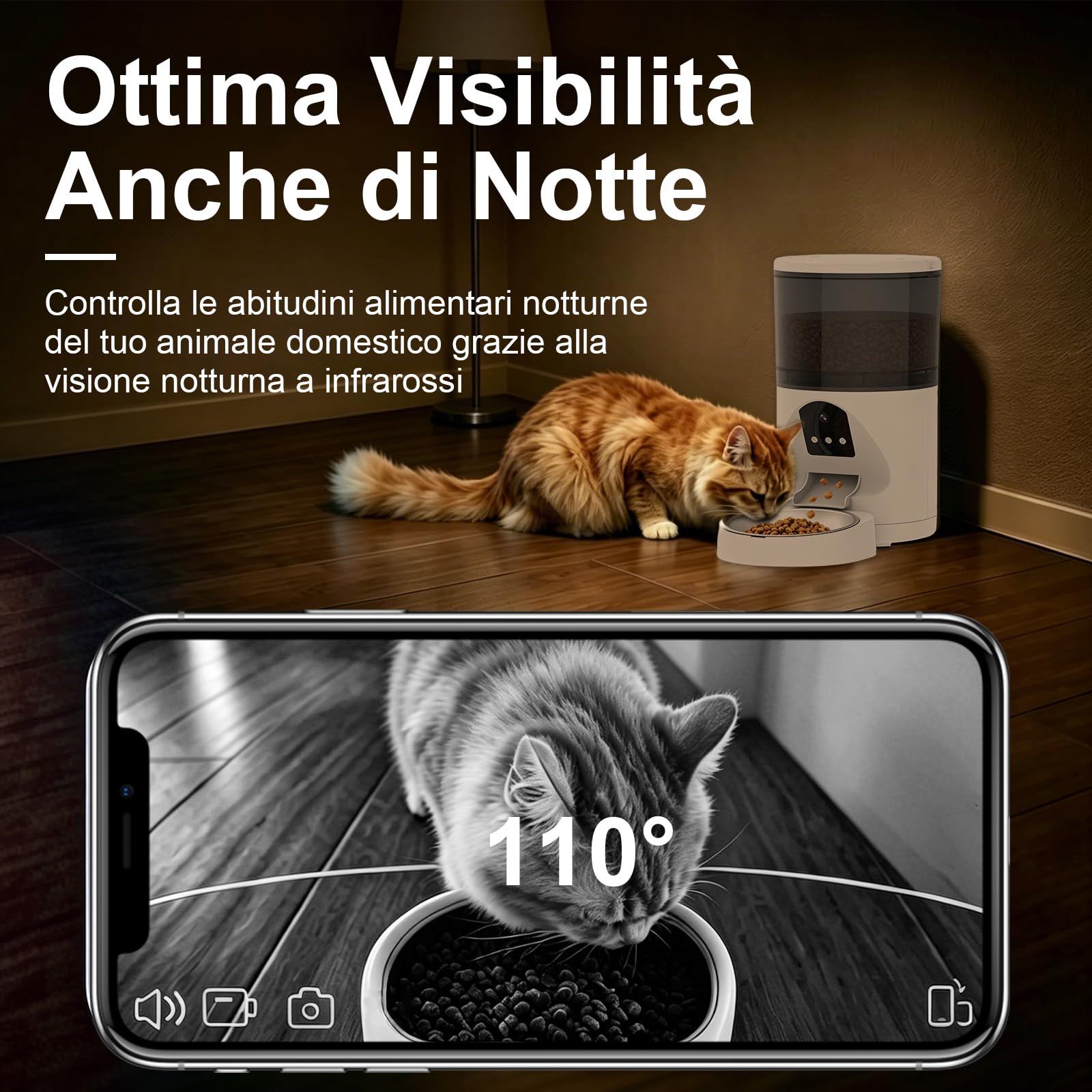 Distributore Automatico Cibo WiFi per Gatti e Cani 6L | 2.4Ghz WiFi, Dispenser Crocchette per Crocchette, 3MP HD Telecamera con Visione Notturna, Audio Bidirezionale, Controllo App