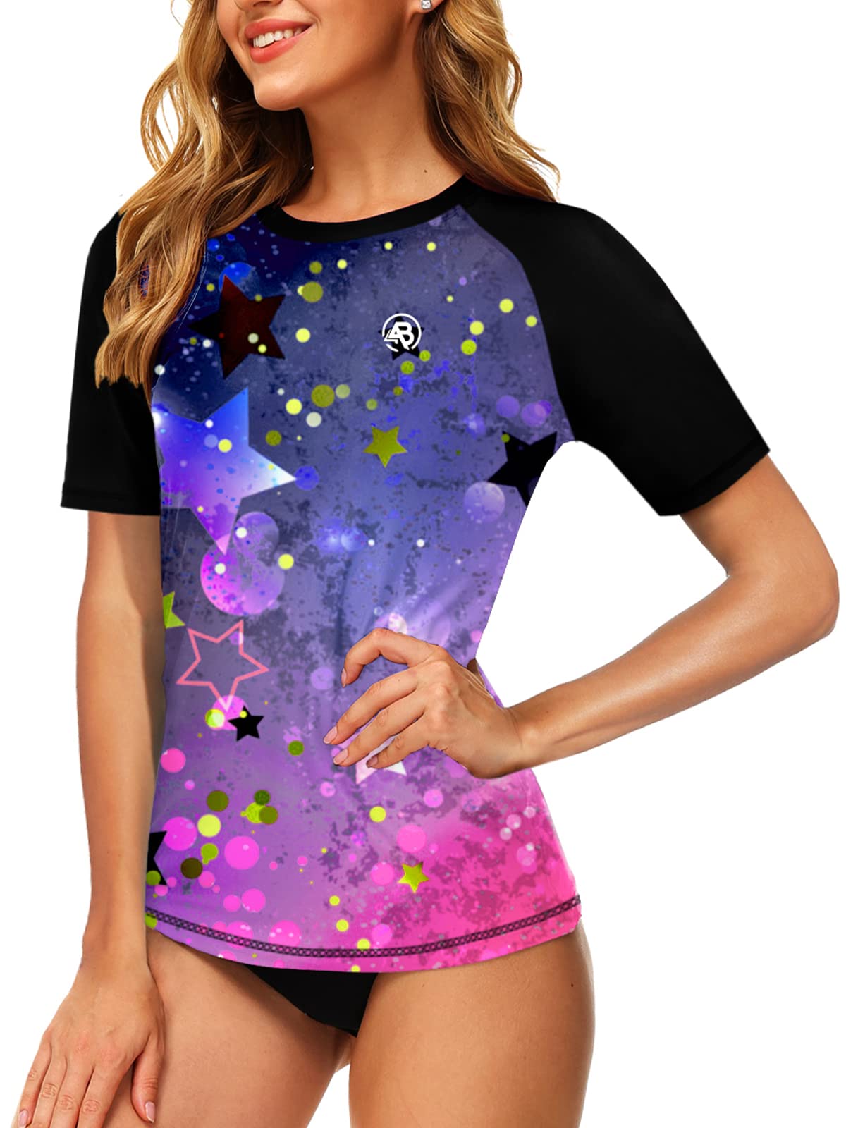 AOBUTE Women Short Sleeve Rash Guard Gradient Sun Protection Swim Shirts