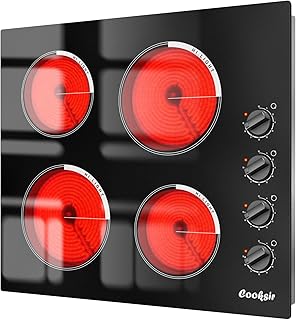 Electric Cooktop 24 Inch - 4 Burner Built-in Electric Stove Top 6000W, Radiant Electrical Stovetop with 9 Heating Level, Knob Control, Auto Shut Off Protection, 220-240V Hard Wired (No Plug)