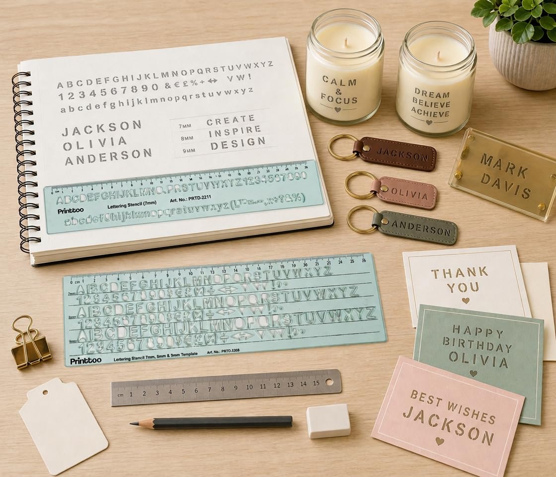 Printtoo Set di 6 stencil per scrittura con lettere dell'alfabeto, numeri, simboli, 6 fogli da 2 mm, in acrilico, con caratteri maiuscoli e minuscoli, righelli per cartelli, poster, diari, scuole