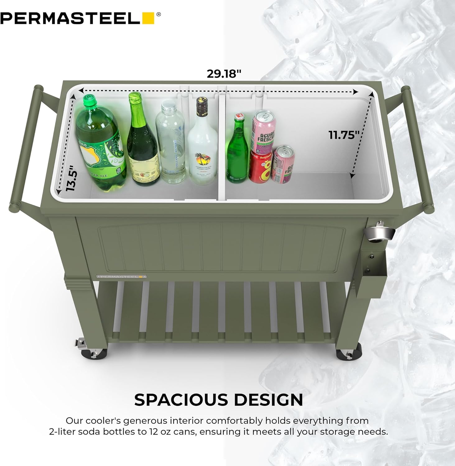 Permasteel Party Cooler with Divider, Spacious 80-Qt Capacity, Chills 36hrs, Serving Tray, Rolling Ice Chest for Indoor and Outdoor Entertainment, Matte Green
