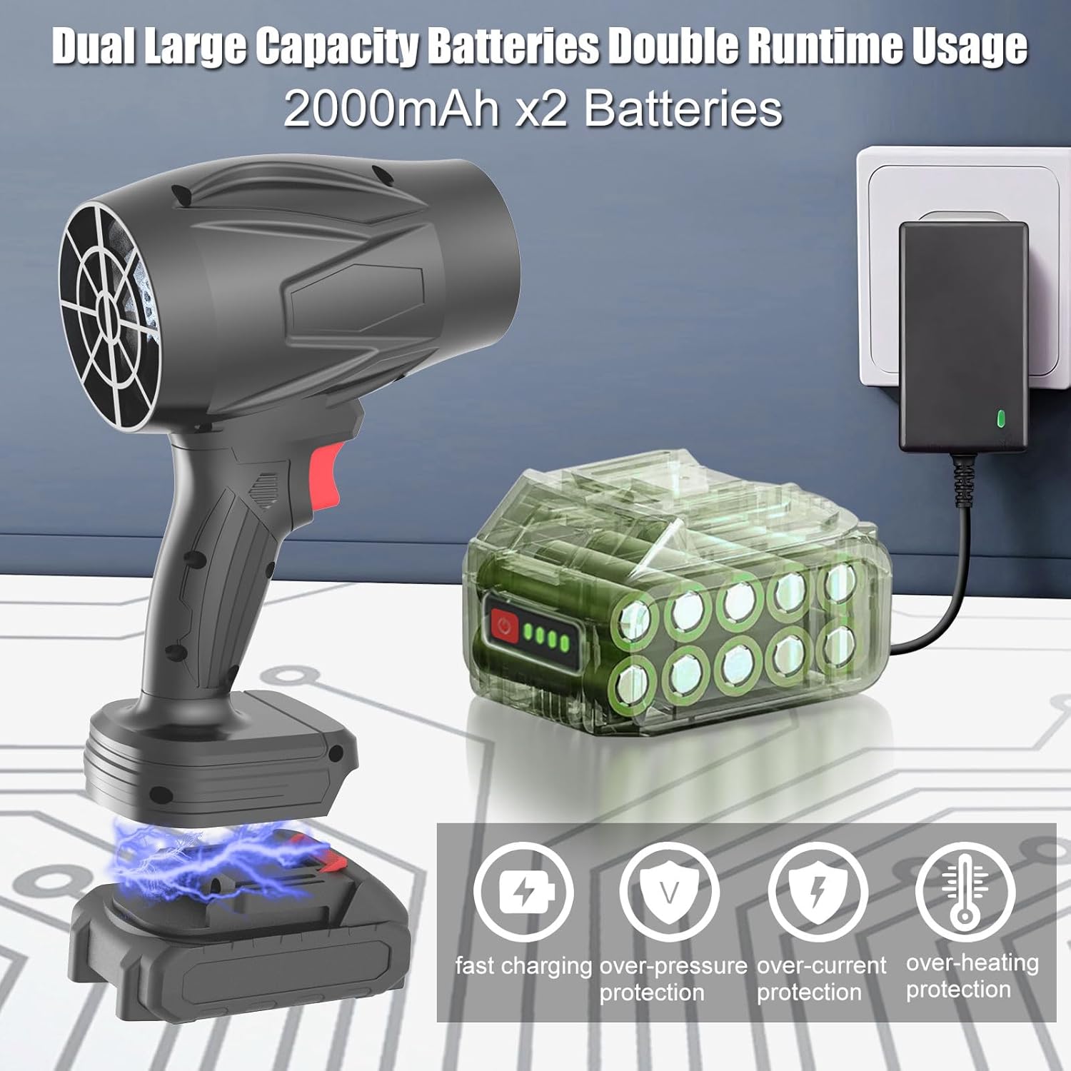 Electric Cordless Leaf Blower, 450000RPM Lightweight Handheld Dust Blower with 2 Battery & Charger, Adjustable Speed, High-Speed Motor Leaf Blowers for Lawn Care, Garage/Patio/Car Cleaning