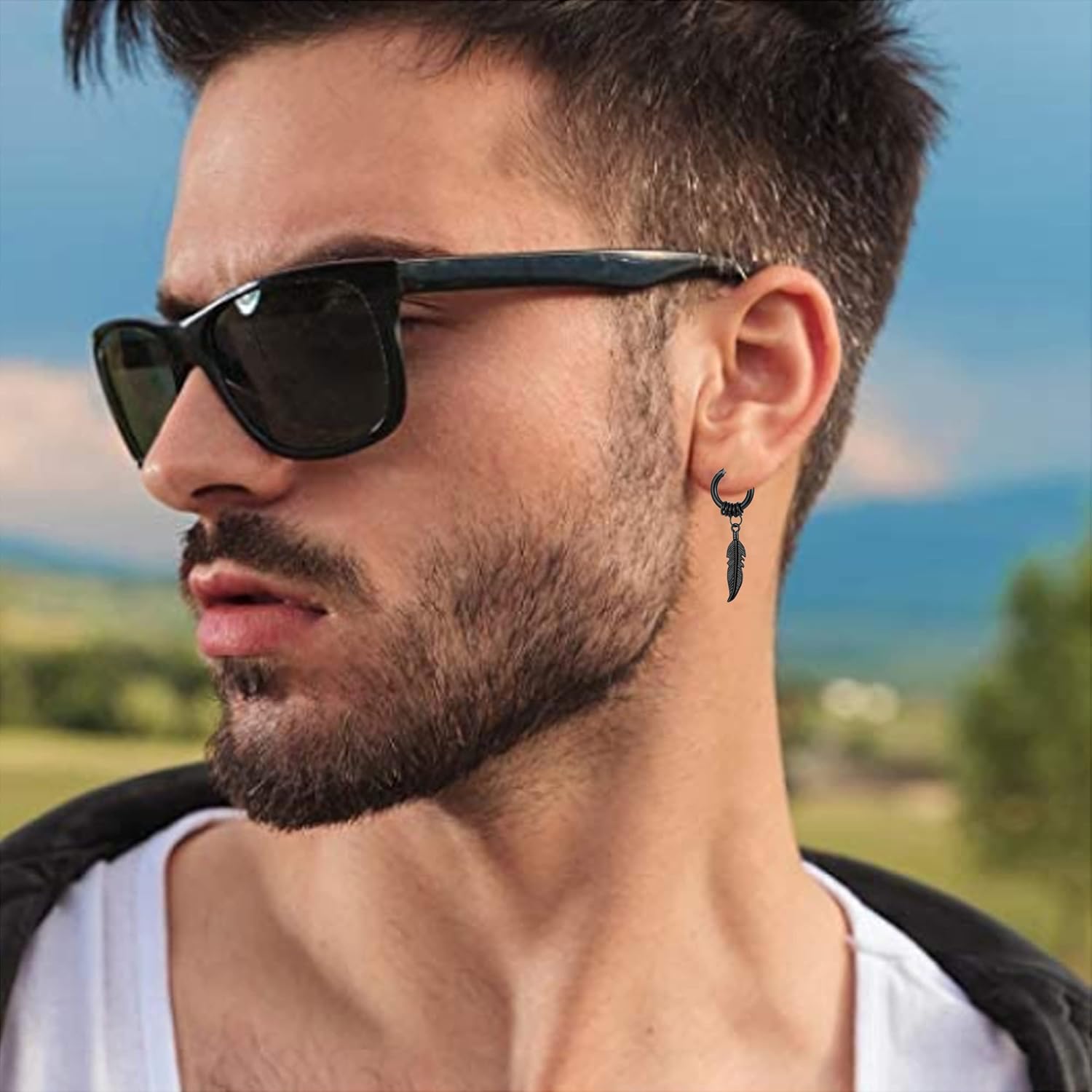 KaFu Surgical Stainless Steel Huggie Hinged Hoop Earrings Punk Hip Hop Cool Goth Black Silver Feather Drop Dangle Earrings for Men Women - Image 6