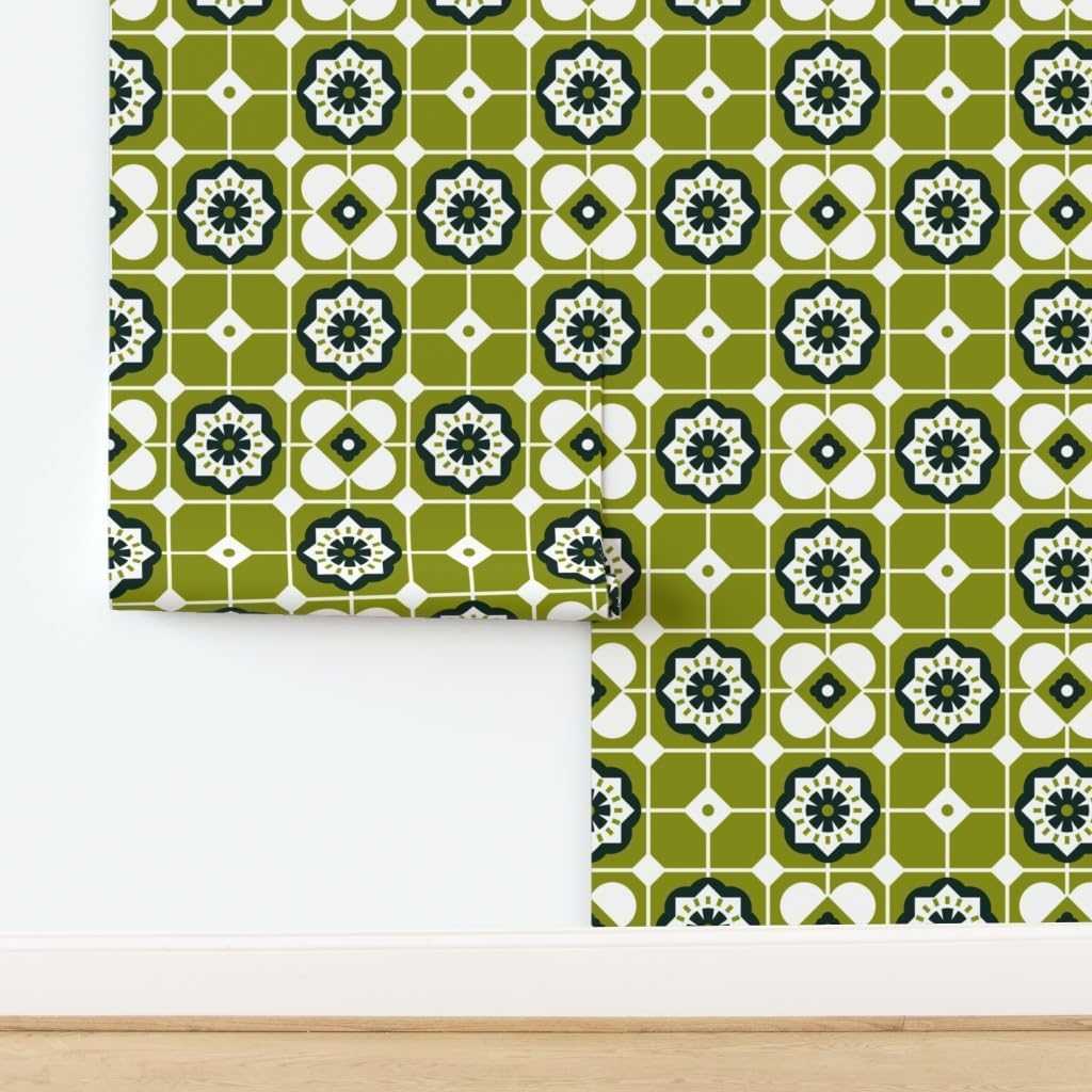 Spoonflower Peel & Stick Wallpaper 3ft x 2ft - Mid Century Modern Tiles Green Vintage Retro Geometric Custom Removable Wallpaper